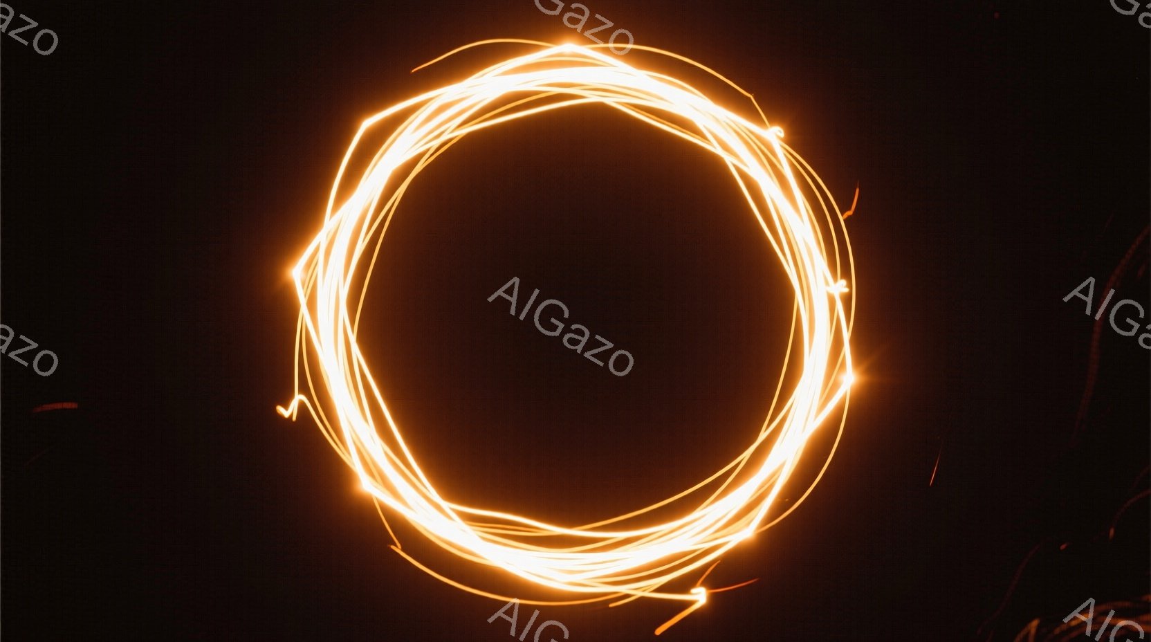 暗い背景に、光の軌跡が円状に描かれています。光はオレンジ色で、まるでエネルギーや魔法のような印象を与えます。背景は完全に黒く、光の円が際立って見えます。