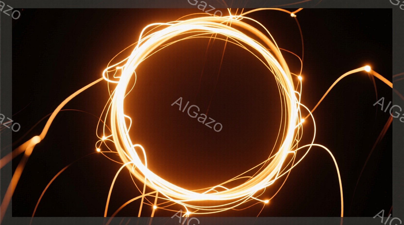暗い背景に、明るいオレンジ色の光の線が円状に絡み合って描かれています。光の線は、まるでエネルギーの流れのように動きがあり、いくつかの線は円から放射状に広がっています。全体的に神秘的で幻想的な雰囲気を感じさせます。