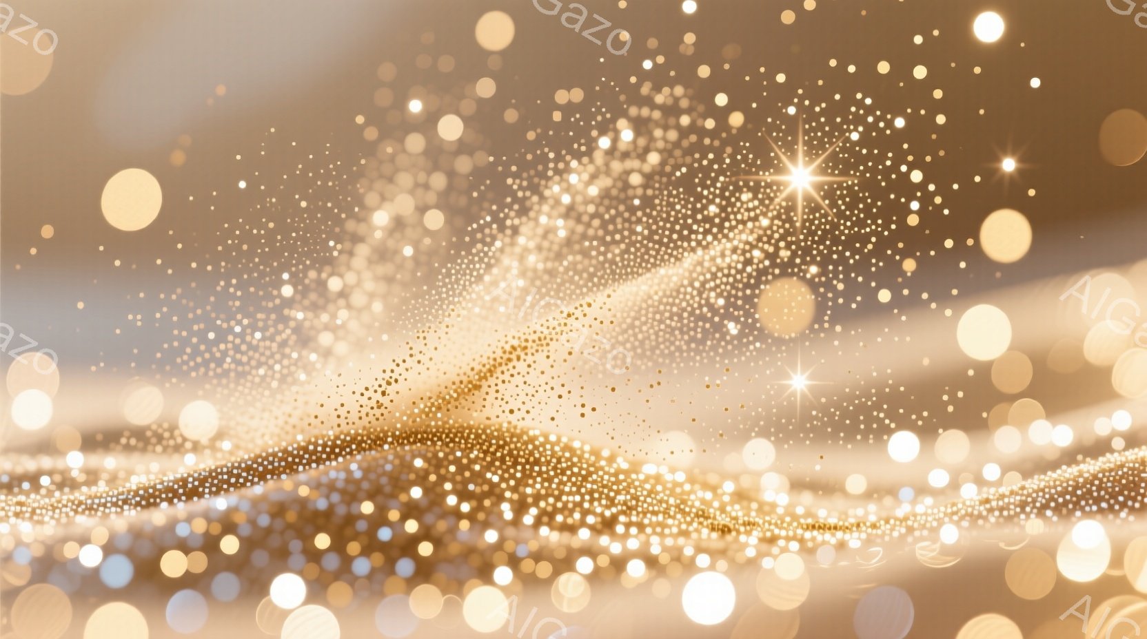 輝く金色の粒子が広範囲に散りばめられた抽象的なイメージです。光の筋がうねるように流れ、背景はぼんやりとした金色のグラデーションで、全体的に幻想的で夢幻的な雰囲気を醸し出しています。粒子はまるで星屑のようにきらめき、神秘的で美しい空間を表現しています。