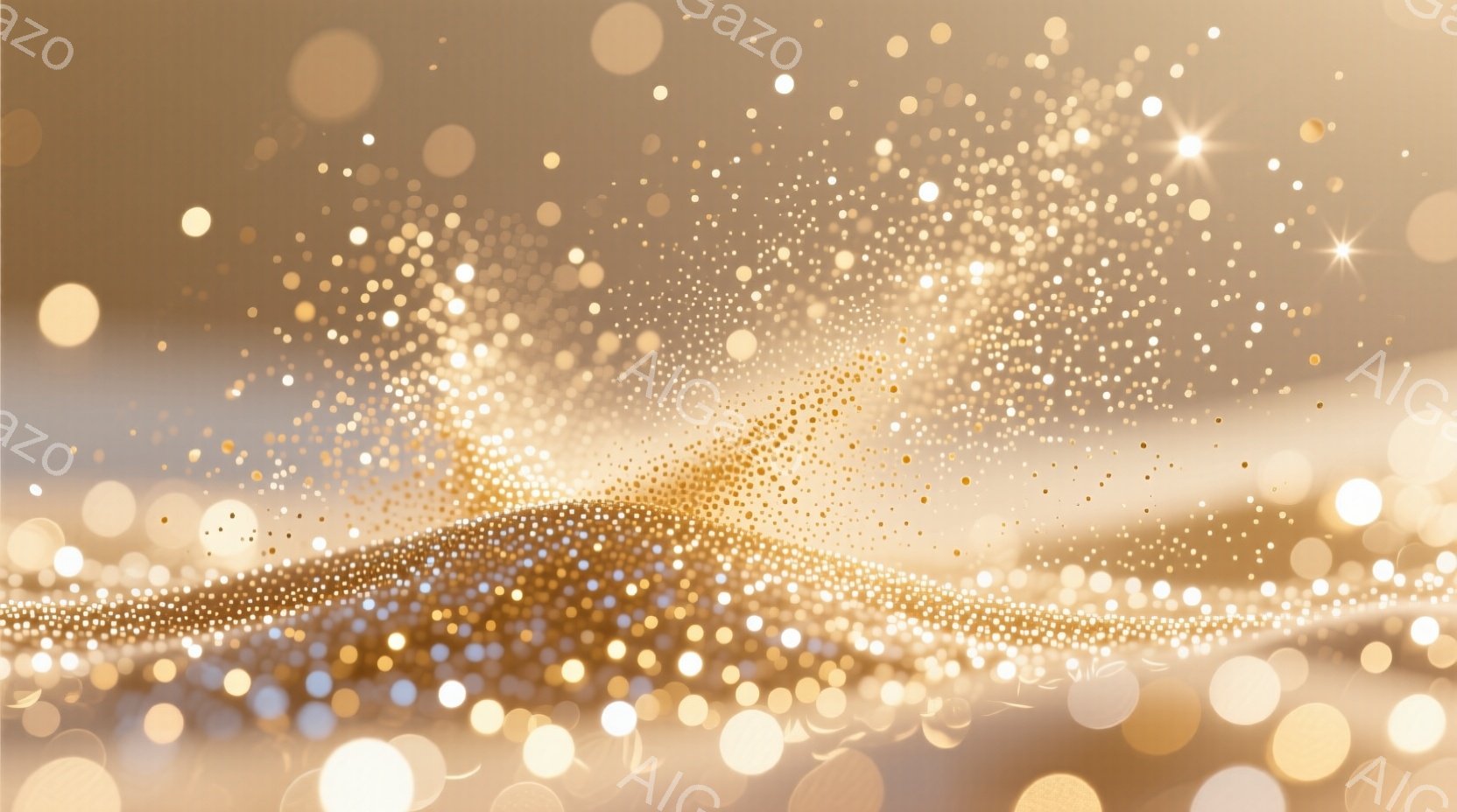 眩い光の粒子が、まるで星屑のように画面全体に散りばめられています。光の帯が波のようにうねり、中心に向かって集まり、幻想的な雰囲気を醸し出しています。全体的に暖色系の色調で、優雅で神秘的な印象を与えます。