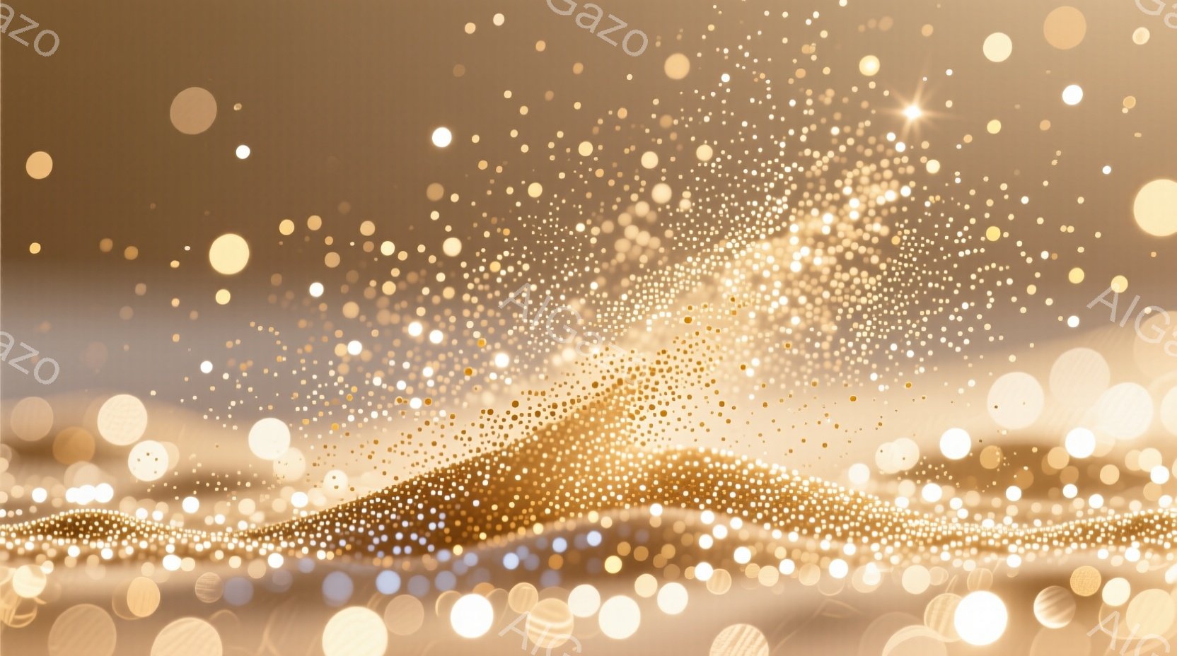 黄金色の粒子が舞い散る抽象的な風景が描かれている。中央に光の波のような隆起があり、その周囲に細かい粒子が無数に漂っている様子は、幻想的で夢幻的な雰囲気を醸し出している。全体的に暖色系の色彩で統一され、きらびやかで優雅な印象を与える。