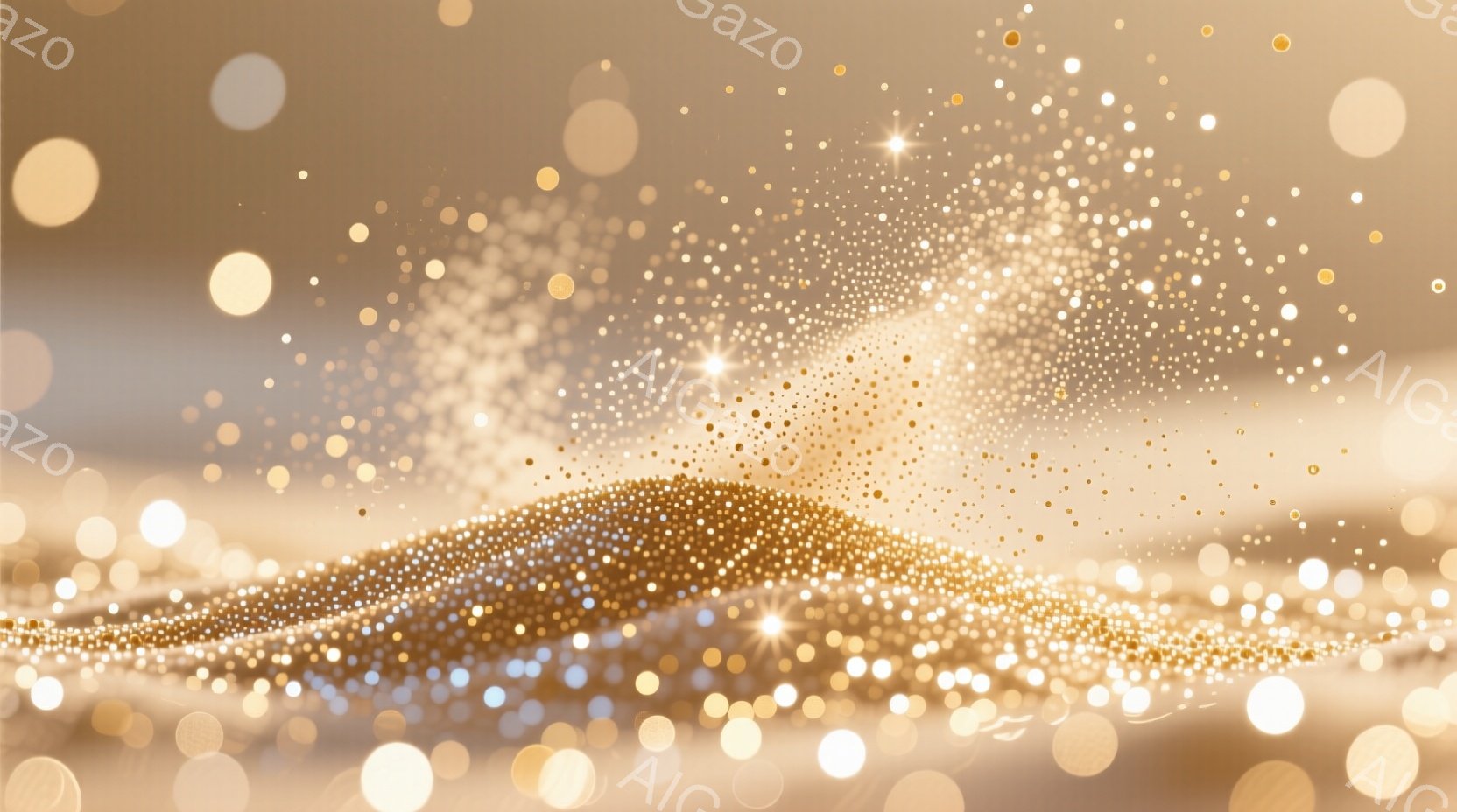 眩い金色の粒子が広がり、まるで砂丘のような形を形成しています。背景はぼんやりとした光の粒子で満たされ、全体的に暖かく幻想的な雰囲気を醸し出しています。光の強弱と粒子の密度が、奥行きと動きを表現しています。
