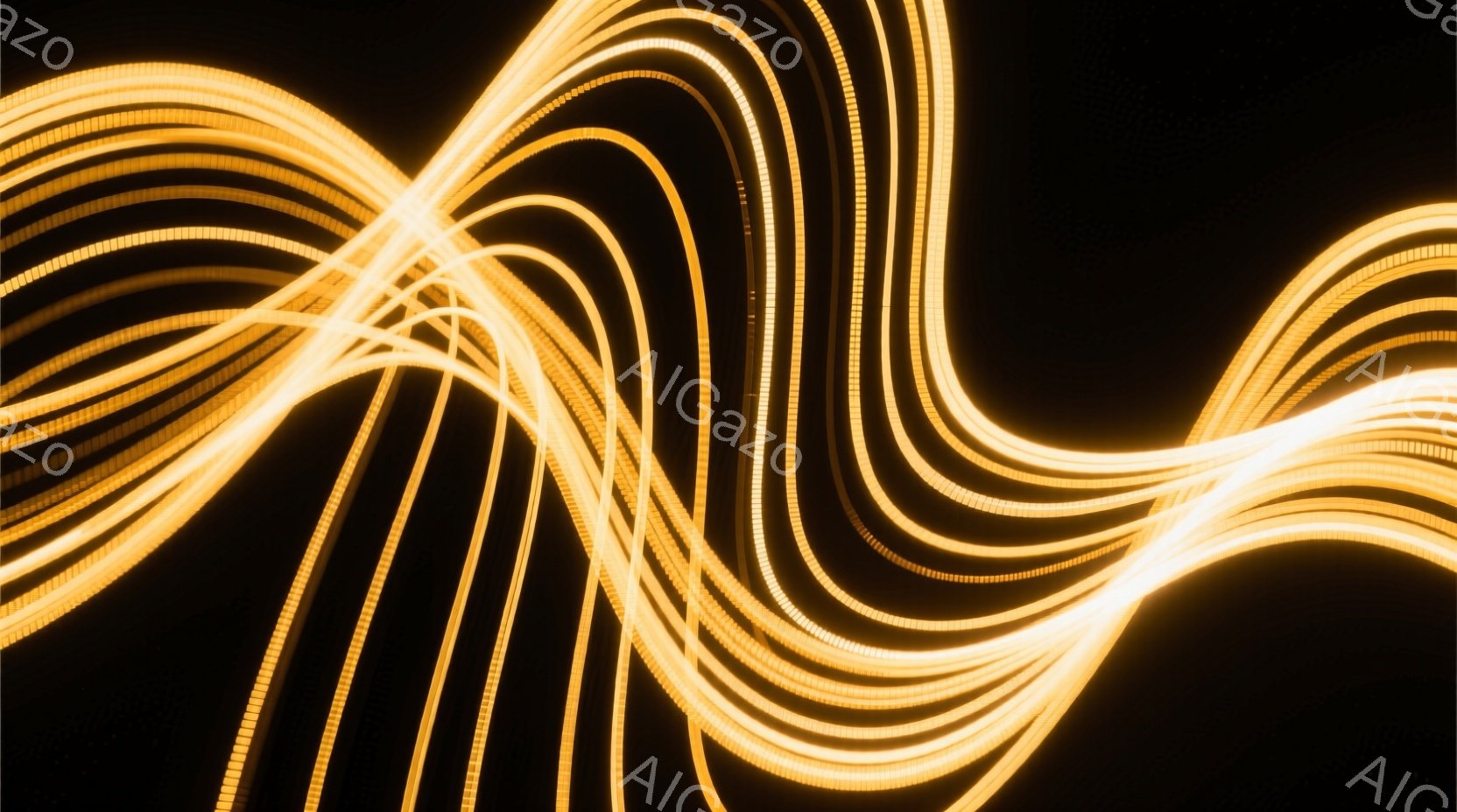 暗い背景に、金色の光の線が曲線的に、まるで光の帯のように広がっている。線は複数の軌跡が重なり合い、動きやエネルギーを感じさせる抽象的な表現となっている。全体的に幻想的で、まるで夜空に輝くオーロラのよう - AI生成フリー素材
