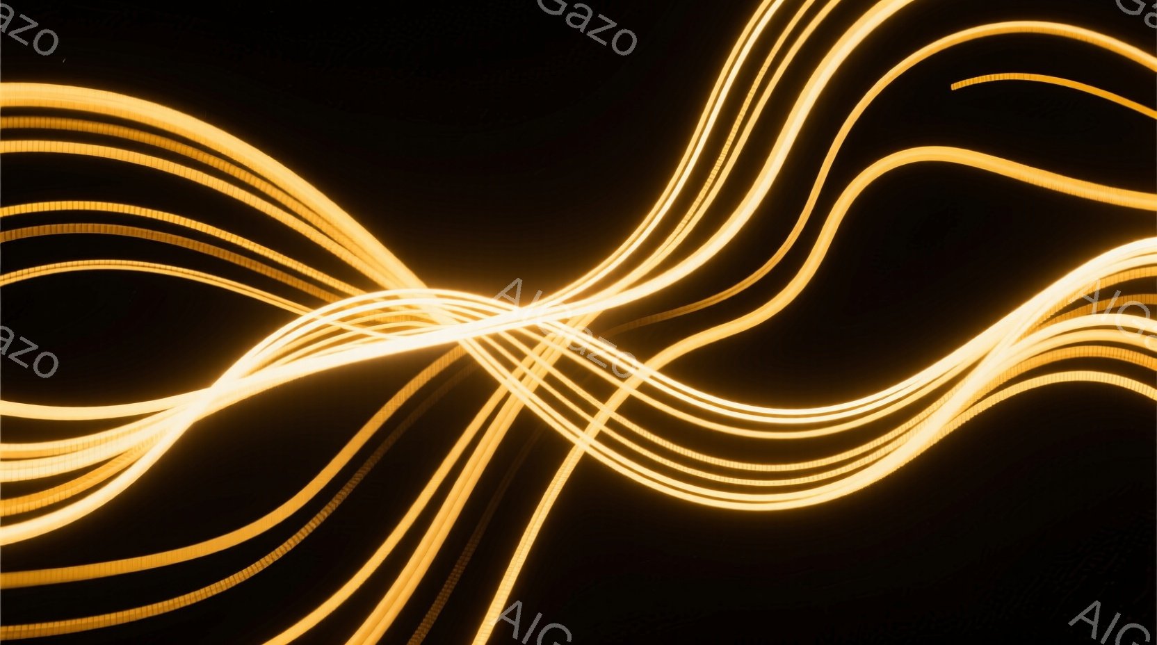暗い背景に、明るい黄金色の光の線が交差して描かれています。光の線は流れるように曲がり、まるでエネルギーの流れや、光の軌跡を描いているかのようです。全体的に神秘的で、未来的、あるいは躍動感のある雰囲気を醸し出しています。