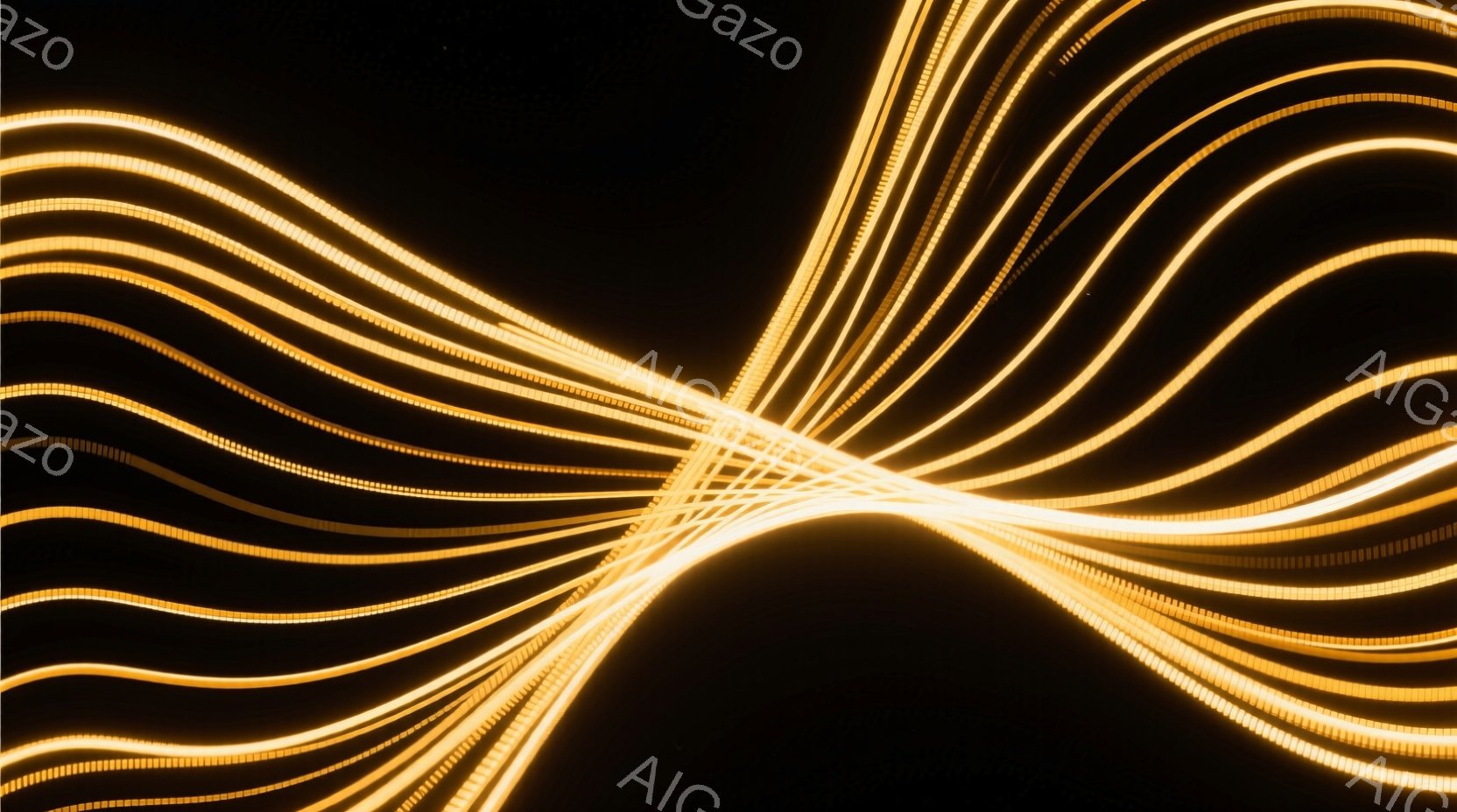 漆黒の背景に、金色の光線が放射状に交差する様子が捉えられています。光線は曲線を描き、中心に向かって集中し、まるでエネルギーの流れや光の軌跡を表現しているかのようです。全体として、神秘的でダイナミックな - AI生成フリー素材