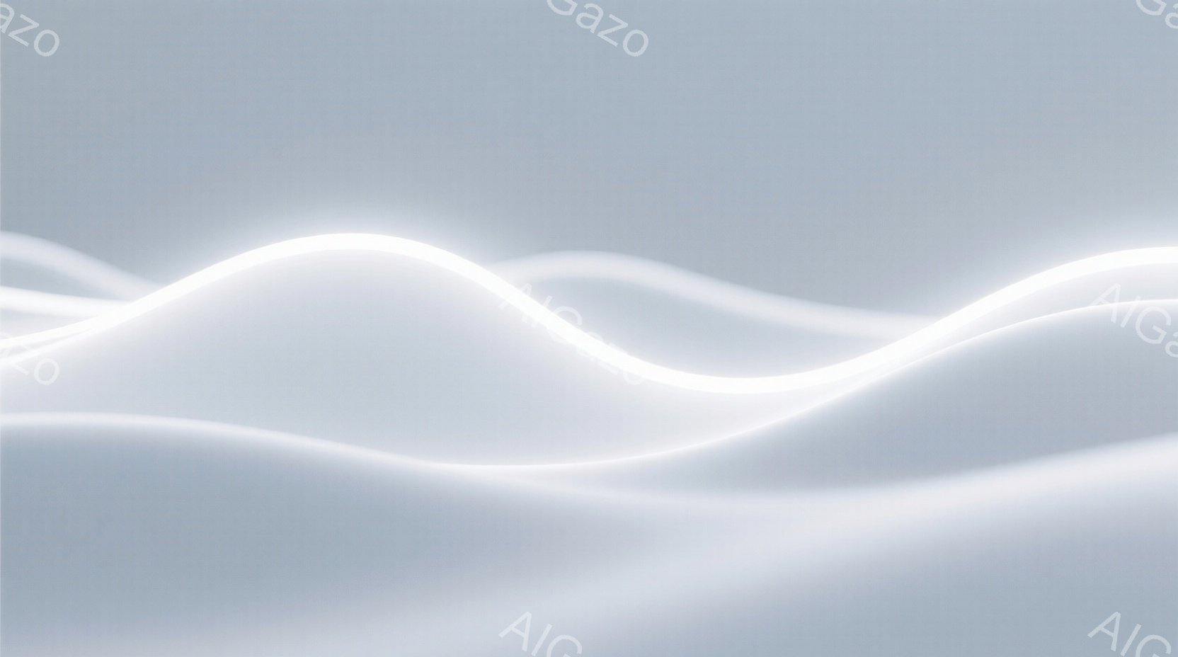 この画像は、白く光る曲線が流れる抽象的な表現です。光の筋は柔らかく波打ち、まるで光の帯が空中に漂っているかのような印象を与えます。背景は淡いグレーで、光の曲線が際立ち、神秘的で穏やかな雰囲気を醸し出しています。