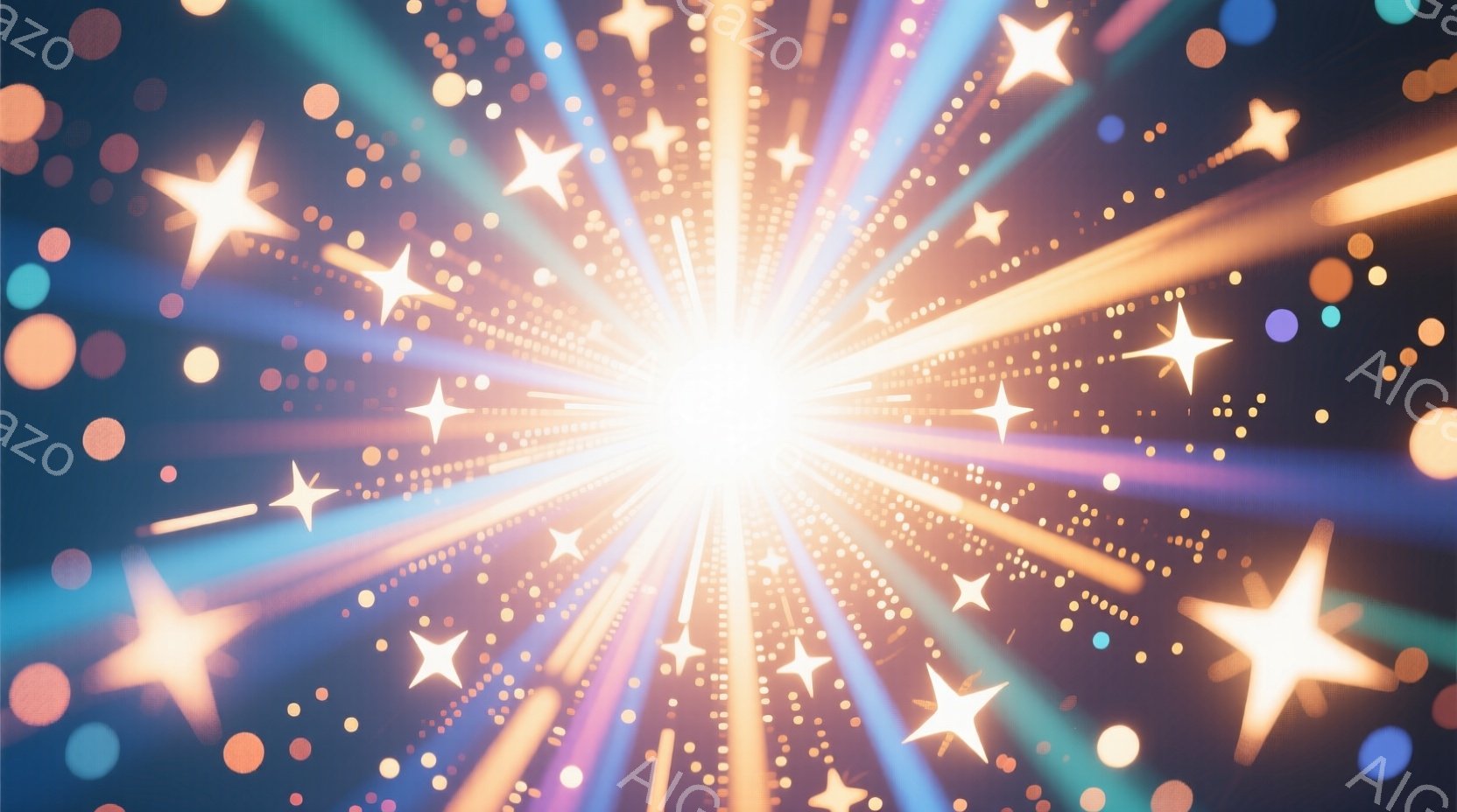 鮮やかな光が中心から放射状に広がっており、無数の星のような光の粒子が夜空を彩っています。光線は黄色、オレンジ、水色、ピンクなど様々な色合いで、きらびやかで幻想的な雰囲気を醸し出しています。背景は暗く、光の粒子が星空のように輝き、まるで魔法のような、または宇宙空間のような印象を与えます。