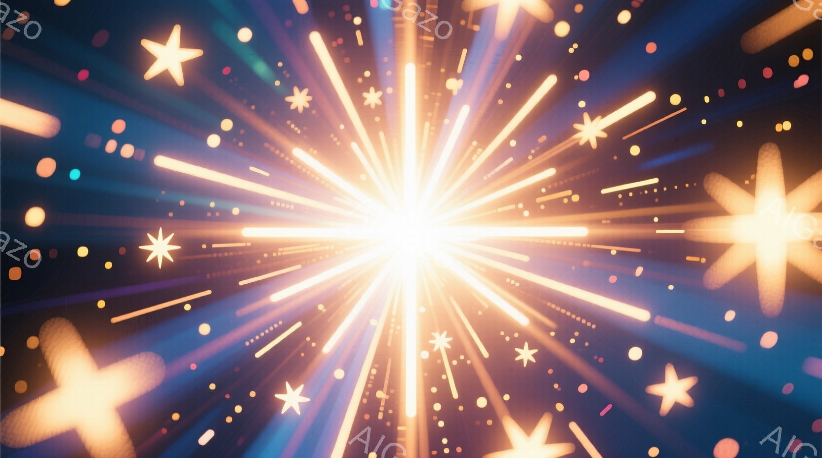 眩い光が中心から放射状に広がり、夜空に咲く花火のような様子を描いています。星形の光や小さな光の粒子が散りばめられ、幻想的で華やかな雰囲気を醸し出しています。背景は濃い青色で、光の強さを際立たせています。