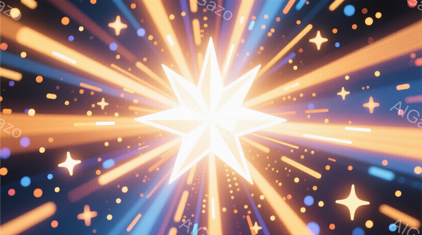 眩い光の中心に、星のような光の塊が描かれています。周囲には、様々な色と長さの光線や、小さな星屑のような光の粒子が散りばめられており、まるでエネルギーが爆発しているかのような印象を与えます。全体的に暖色系の色調で、希望や活力を感じる、幻想的な雰囲気です。