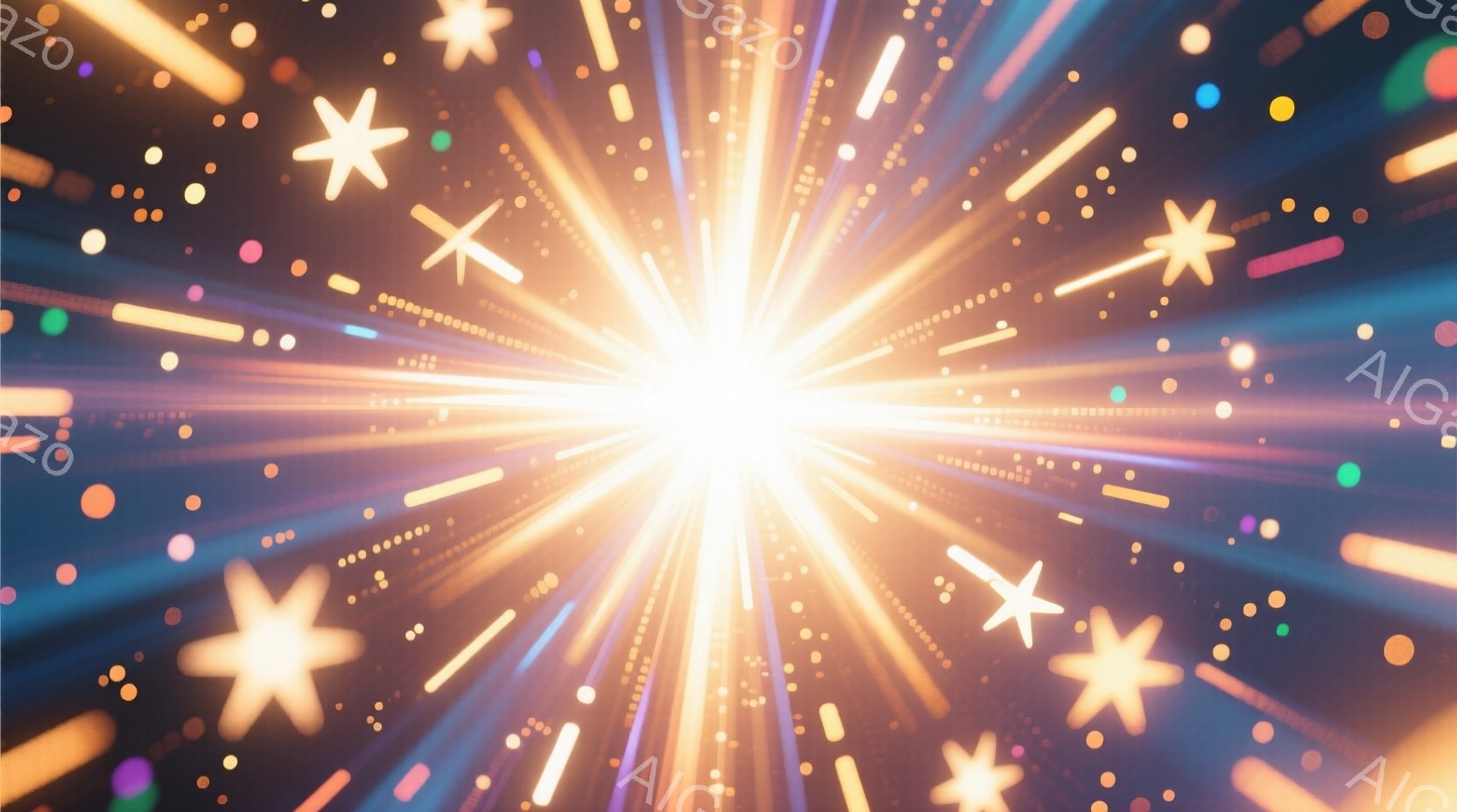 眩い光の中心から、無数の光線と星形の輝きが四方八方に放射状に広がっている様子が描かれている。背景は暗く、光の軌跡がそのコントラストを際立たせ、まるで夜空に咲き誇る花火のような幻想的な雰囲気を醸し出している。全体的に明るく華やかで、希望やエネルギーに満ちた印象を与える。