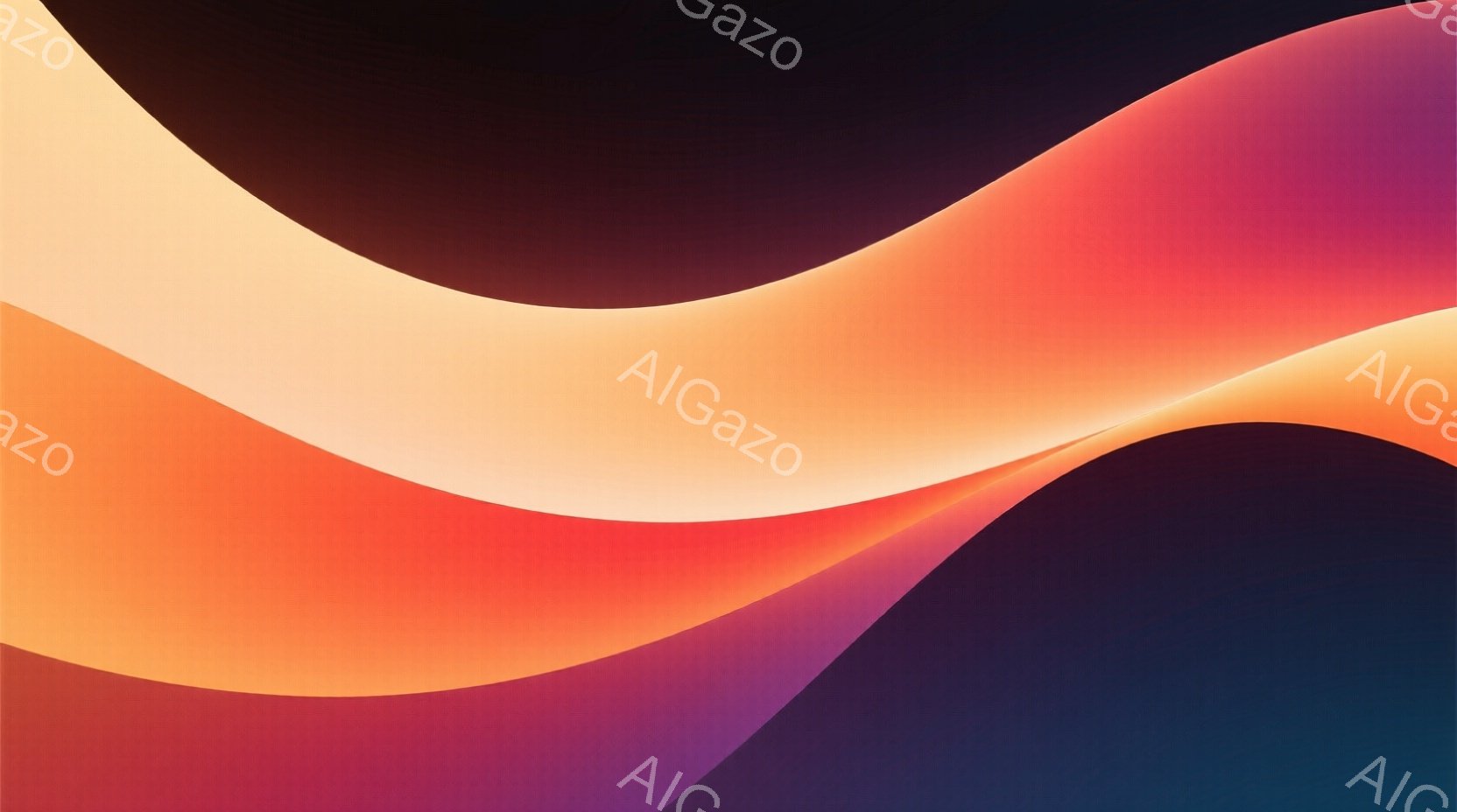 鮮やかなオレンジと紫色のグラデーションが特徴的な抽象的な画像です。流れるような曲線が重なり合い、まるで光の波や砂丘を思わせるような印象を与えます。全体的に暖かく、穏やかな雰囲気を醸し出しています。