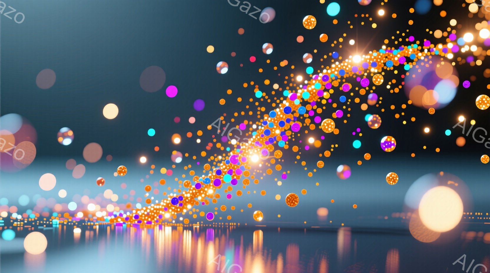 鮮やかな光の粒が夜空を埋め尽くし、まるで星屑のようである。地平線にはぼんやりと都市の灯りが並び、水面にその光が反射して美しい光の帯を形成している。全体的に幻想的で、希望と静けさを感じさせる雰囲気である。