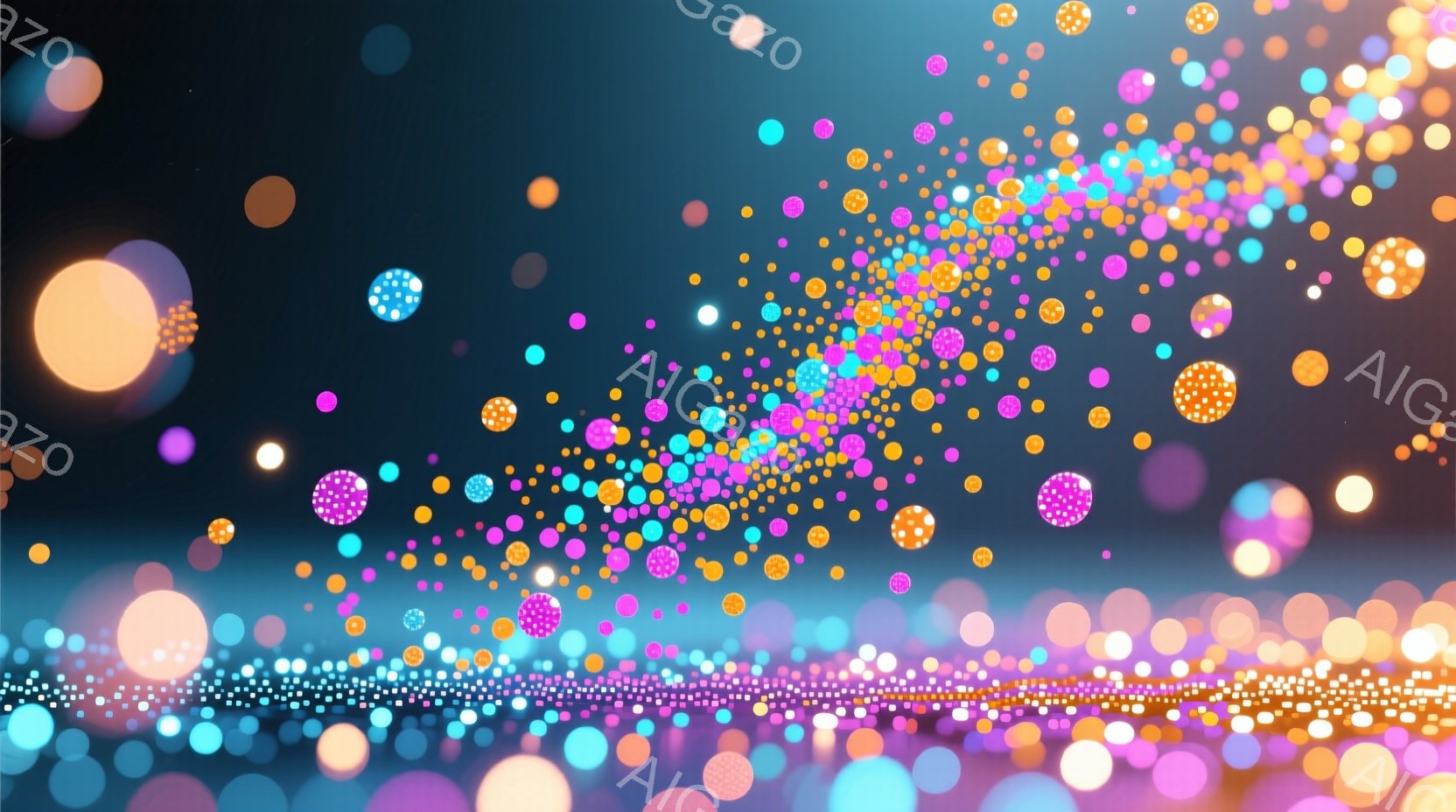 鮮やかな光の粒子が背景全体に散りばめられ、まるで夜空の星屑のようです。光の粒子は様々な色合いを持ち、ピンク、紫、オレンジ、青などが混ざり合い、幻想的な雰囲気を醸し出しています。下部には光の帯のようなものが水平に広がり、さらに幻想的な印象を与えます。
