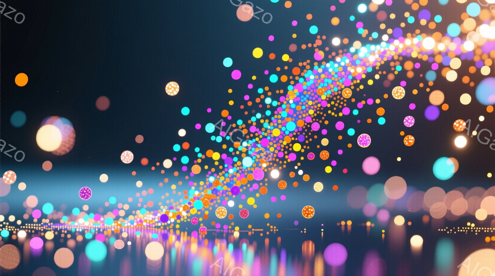 この画像は、水面に反射する都市の光景を抽象的に表現したものです。無数のカラフルな光の粒子が空中に舞い上がり、まるで花火やきらめく星屑のようです。全体的に幻想的で夢幻的な雰囲気が漂い、夜のきらめく街並みを想起させます。