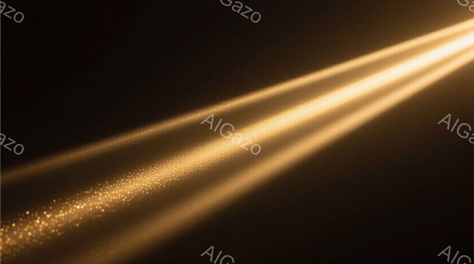 画像は暗闇の中に伸びる金色の光線が特徴的で、まるでスポットライトや神々しい光が差し込んでいるかのようである。光線は粒子のように輝き、空中に漂う埃やきらめきを表現している。 全体的に神秘的でドラマチックな雰囲気を醸し出している。