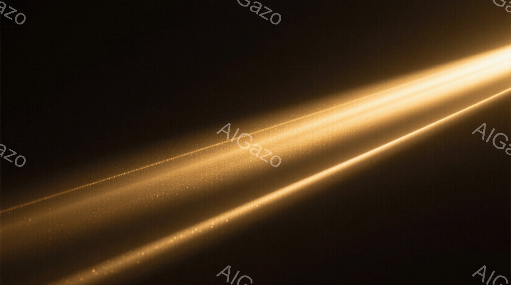 画像は暗闇の中に、金色の強い光線が斜めに強く差し込む様子を描いています。光線は粒子のような輝きを帯び、まるで星屑が散りばめられているかのようです。全体的に神秘的で、夢幻的な雰囲気を醸し出しています。