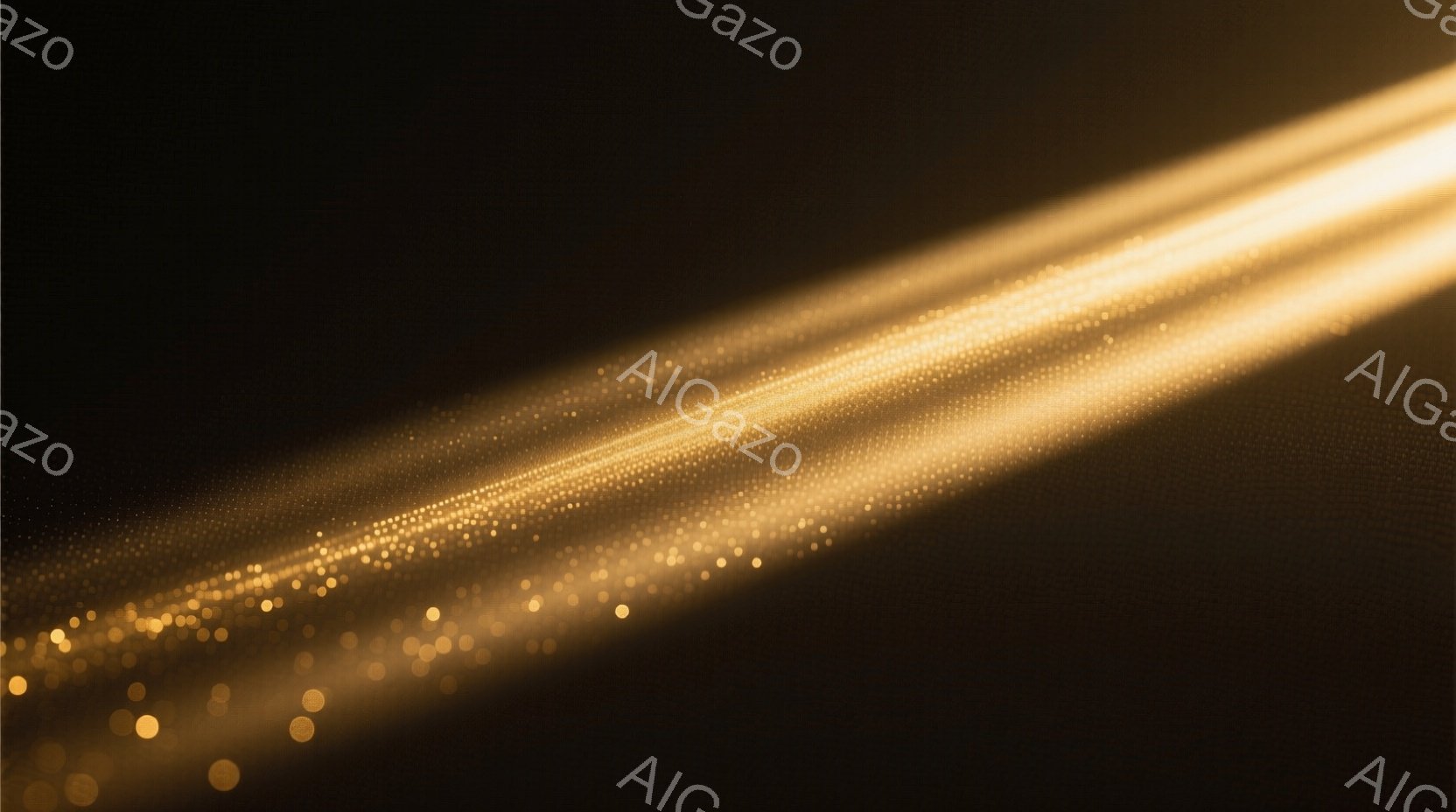 濃い茶色の背景に、金色の光の帯が斜めに複数走っている抽象的な画像です。光の帯は粒子状の輝きを含み、まるで星屑が流れているかのような印象を与えます。全体的に神秘的で幻想的な雰囲気を醸し出しています。 - AI生成フリー素材