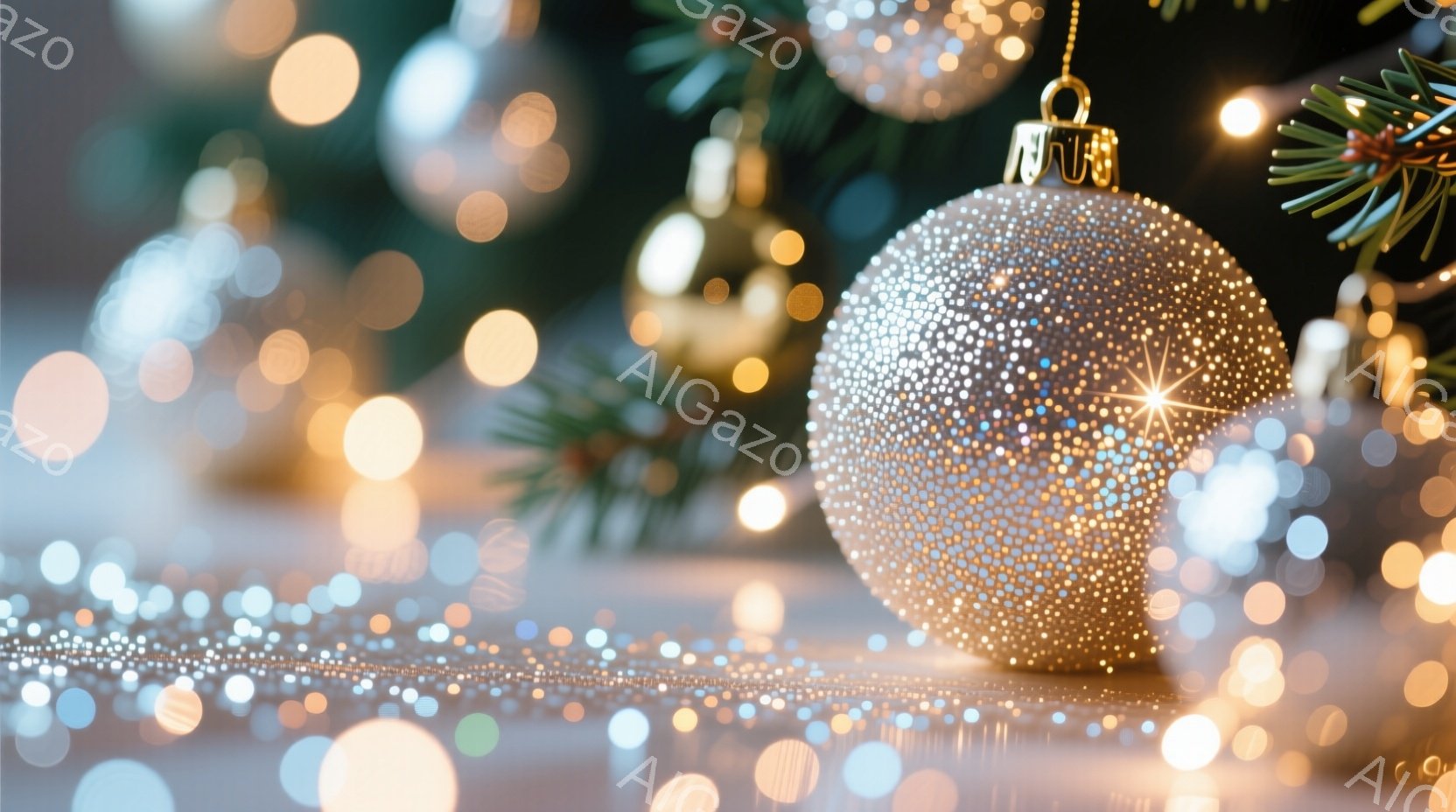 キラキラと輝く装飾が施されたクリスマスオーナメントが、焦点となって写っている。背景にはぼやけた緑の葉と、様々な色の光の粒子が散りばめられ、幻想的な雰囲気を醸し出している。全体的に暖かく、お祝いの気分が伝わるイメージである。