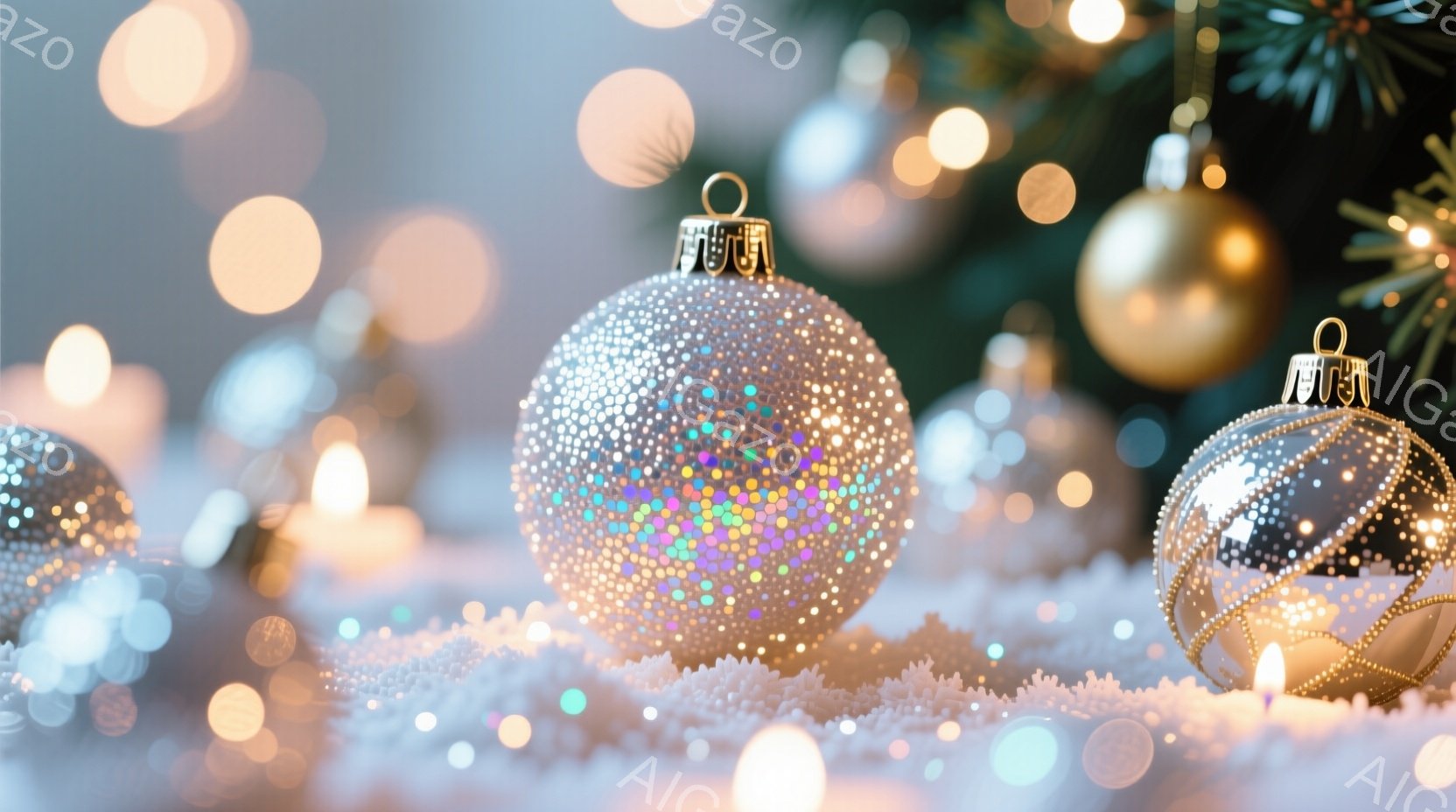 キラキラと輝くオーナメントが、白いフェイクの雪の上に置かれたクリスマスシーンです。背景はぼやけた光の玉と緑の葉で、温かく幻想的な雰囲気を醸し出しています。ゴールドとシルバーのオーナメントは、冬の休日の喜びと輝きを象徴しています。