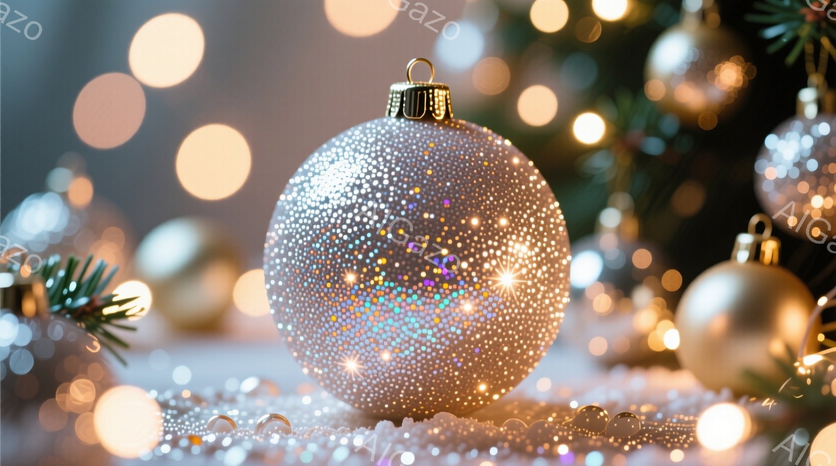 キラキラと輝く銀色のオーナメントが中央に配置され、背景にはぼやけたクリスマスツリーの緑と温かい光が広がっています。白いラメのようなものがテーブルに散りばめられ、華やかで幻想的な雰囲気を醸し出しています - AI生成フリー素材