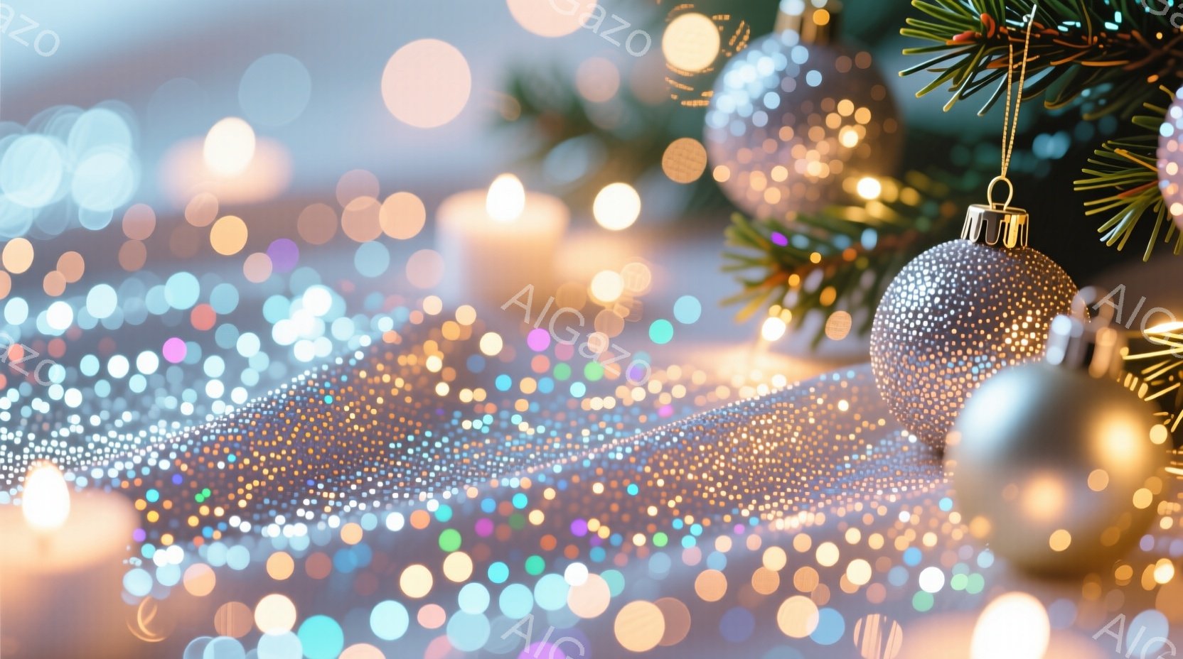 ぼやけた背景にキラキラと輝くライトが広がり、クリスマスツリーの枝と装飾品がぼんやりと見えます。銀色のオーナメントが前景にあり、光の粒子がその周りを舞い、暖かく幻想的な雰囲気を醸し出しています。全体的にホリデーシーズンを連想させる、きらびやかで夢幻的なイメージです。