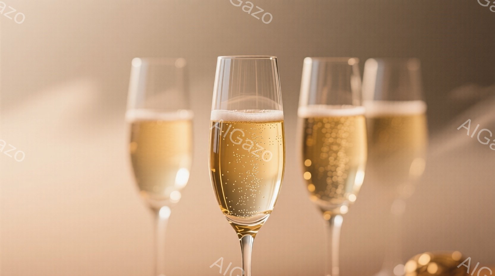 画像には、シャンパンまたはスパークリングワインで満たされた3つのフルートグラスが並んでいます。グラスの中の液体は泡立ち、明るい金色をしています。背景は淡いベージュ色で、わずかにぼやけており、グラスが際立っています。