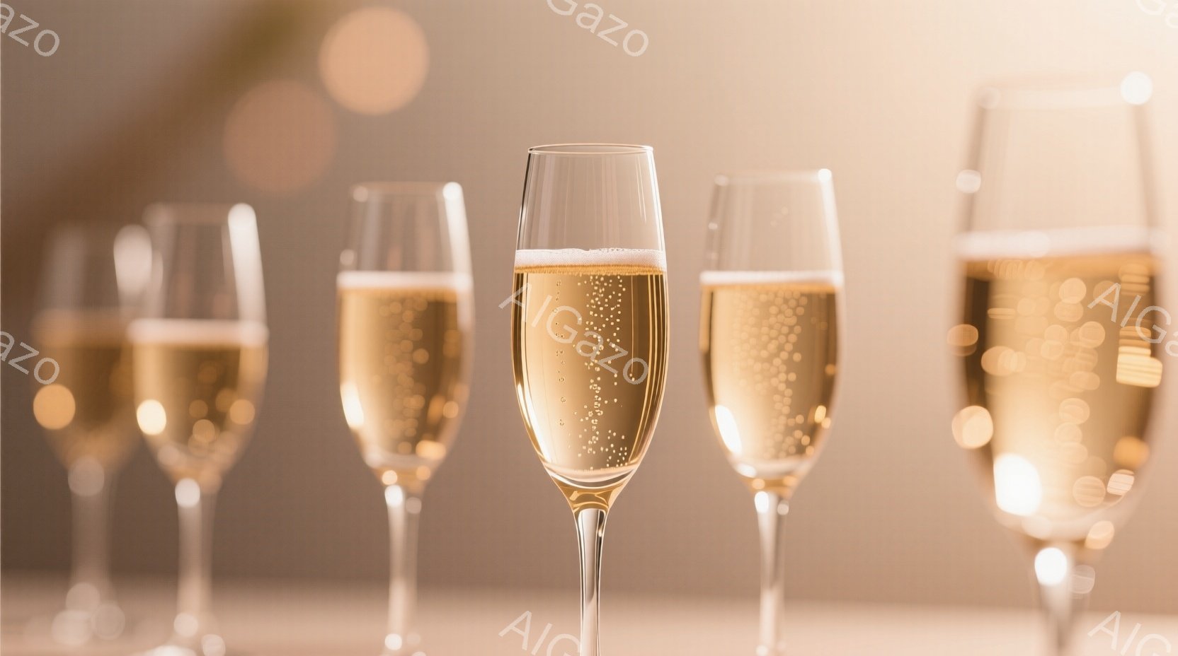 画像には、シャンパンフルートグラスが並んで配置されており、グラスの中にはきめ細かい泡が立ち上っている黄金色の液体が入っている。背景はぼやけており、暖かい光の玉が散りばめられて、洗練された上品な雰囲気を醸し出している。全体的に、お祝いや特別な機会を連想させる、きらびやかで華やかなイメージである。