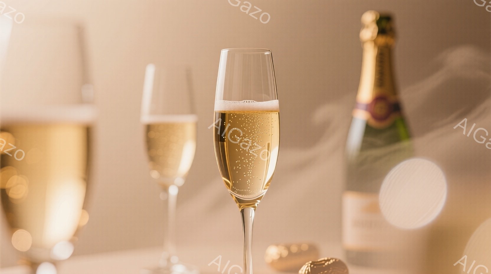 黄金色のシャンパンが、細長いグラスに満たされ、泡が立ち上っている様子が捉えられています。背景には、シャンパンボトルと金色の紙吹雪がぼんやりと見え、華やかで祝賀的な雰囲気を醸し出しています。全体的に暖色系の色調で、優雅で洗練された印象を与える画像です。