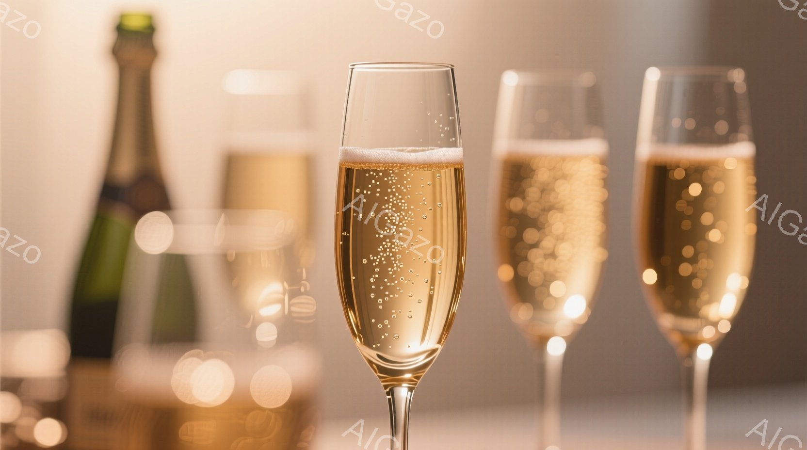 黄金色のシャンパンが2つのフルートグラスに満たされ、泡が立ち上っている様子が捉えられています。背景にはシャンパンボトルとぼやけた光のぼかしがあり、温かくエレガントな雰囲気を醸し出しています。全体的に、お祝いや特別な機会を象徴する、洗練された美しいイメージです。