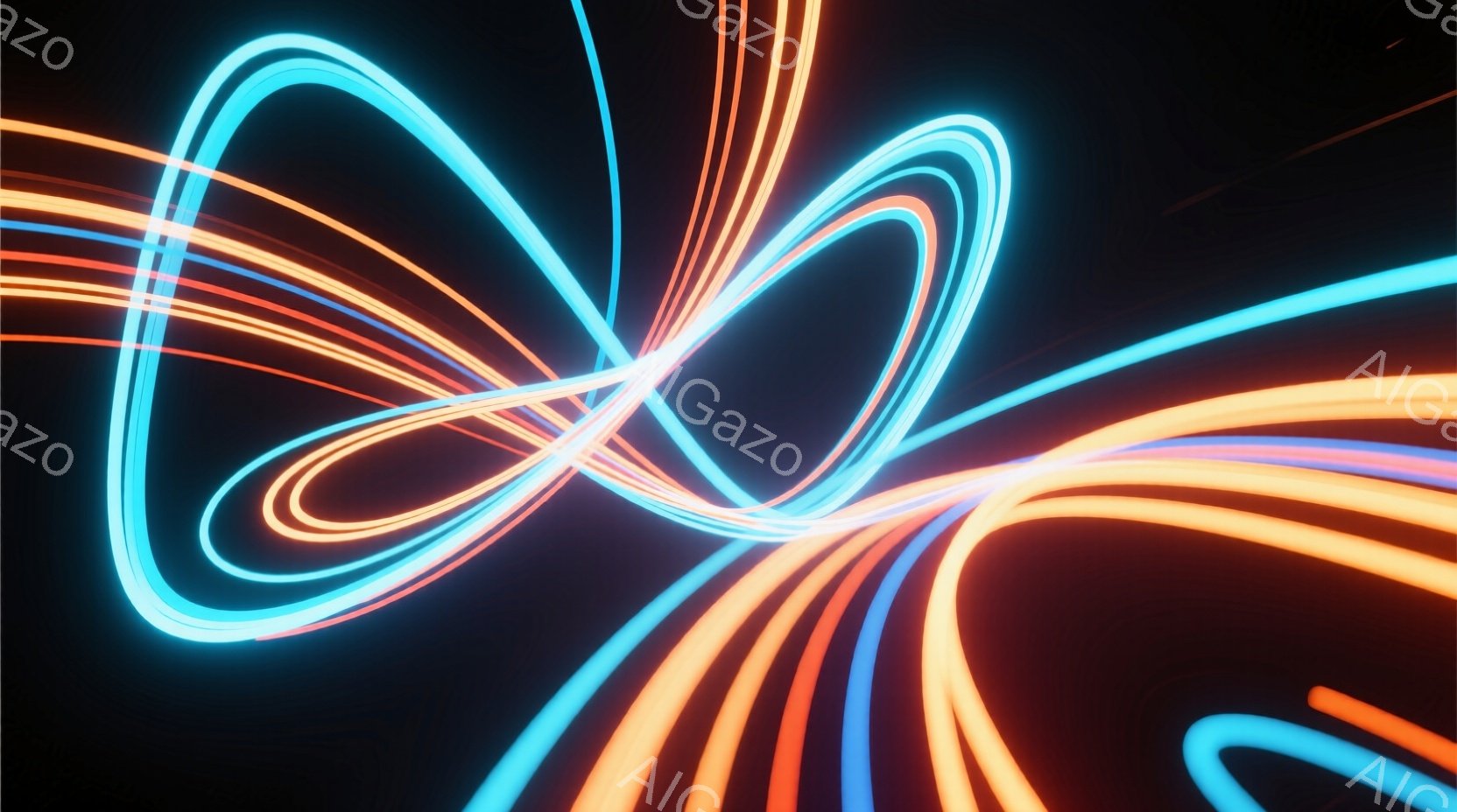 鮮やかなネオンブルーとオレンジ色の光の線が、暗い背景を複雑に絡み合いながら流れている。線はエネルギーの流れや動きを表現しており、未来的な印象を与える抽象的な表現となっている。全体的にダイナミックで、ど - AI生成フリー素材