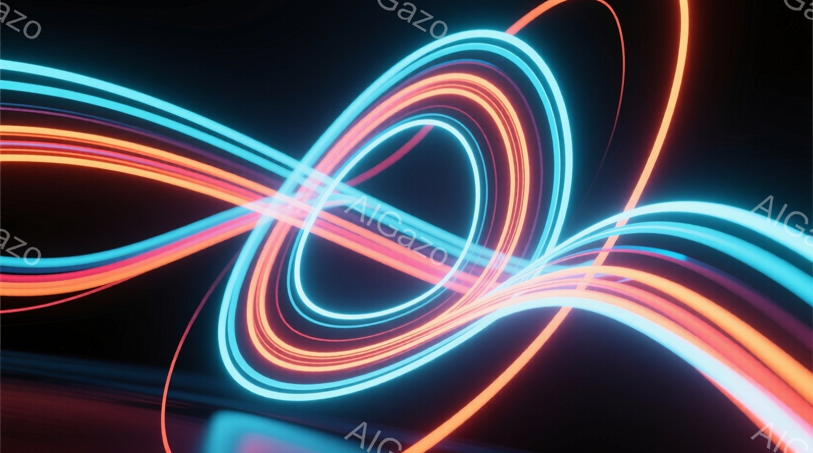 鮮やかなオレンジと水色の光線が、暗い背景の中で複雑に絡み合っている。光線は曲線を描き、まるでエネルギーの流れや未来的な回路を連想させる。全体的にダイナミックで、スピード感と神秘的な雰囲気が漂っている。 - AI生成フリー素材