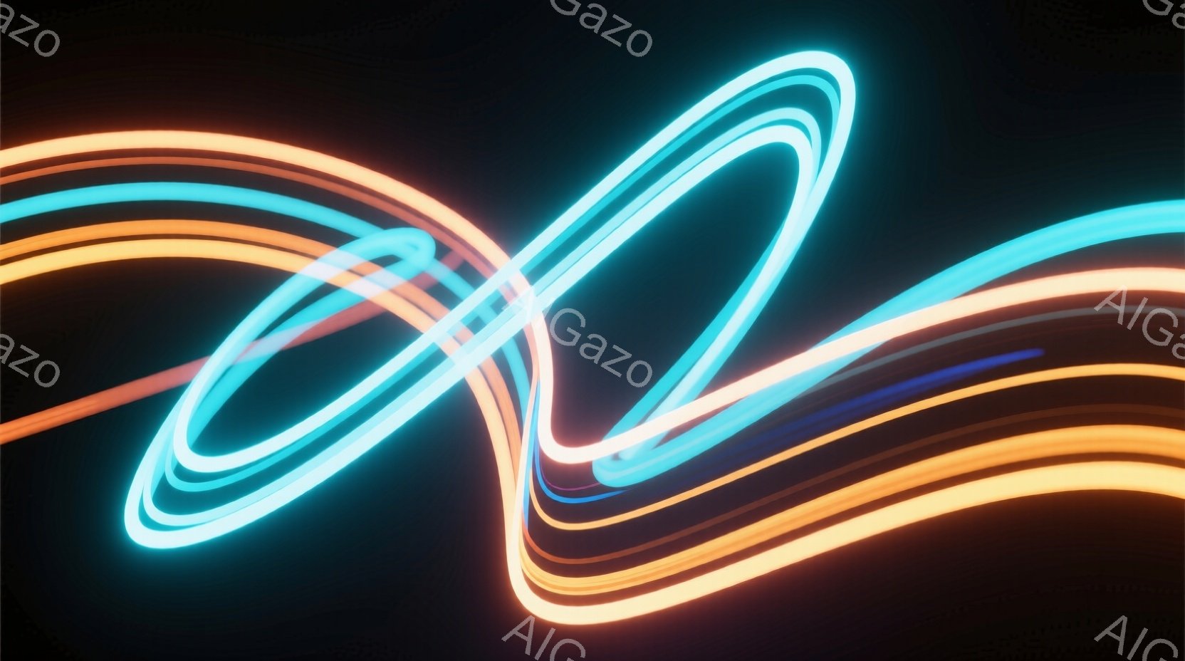 鮮やかな青、オレンジ、黄色の光線が渦を巻くように絡み合い、まるでエネルギーの流れや抽象的な軌跡を描いているようだ。暗い背景が光の鮮やかさを際立たせ、未来的な雰囲気やスピード感を演出している。光の線は流れるように伸びており、ダイナミックで躍動感に満ちた印象を与える。