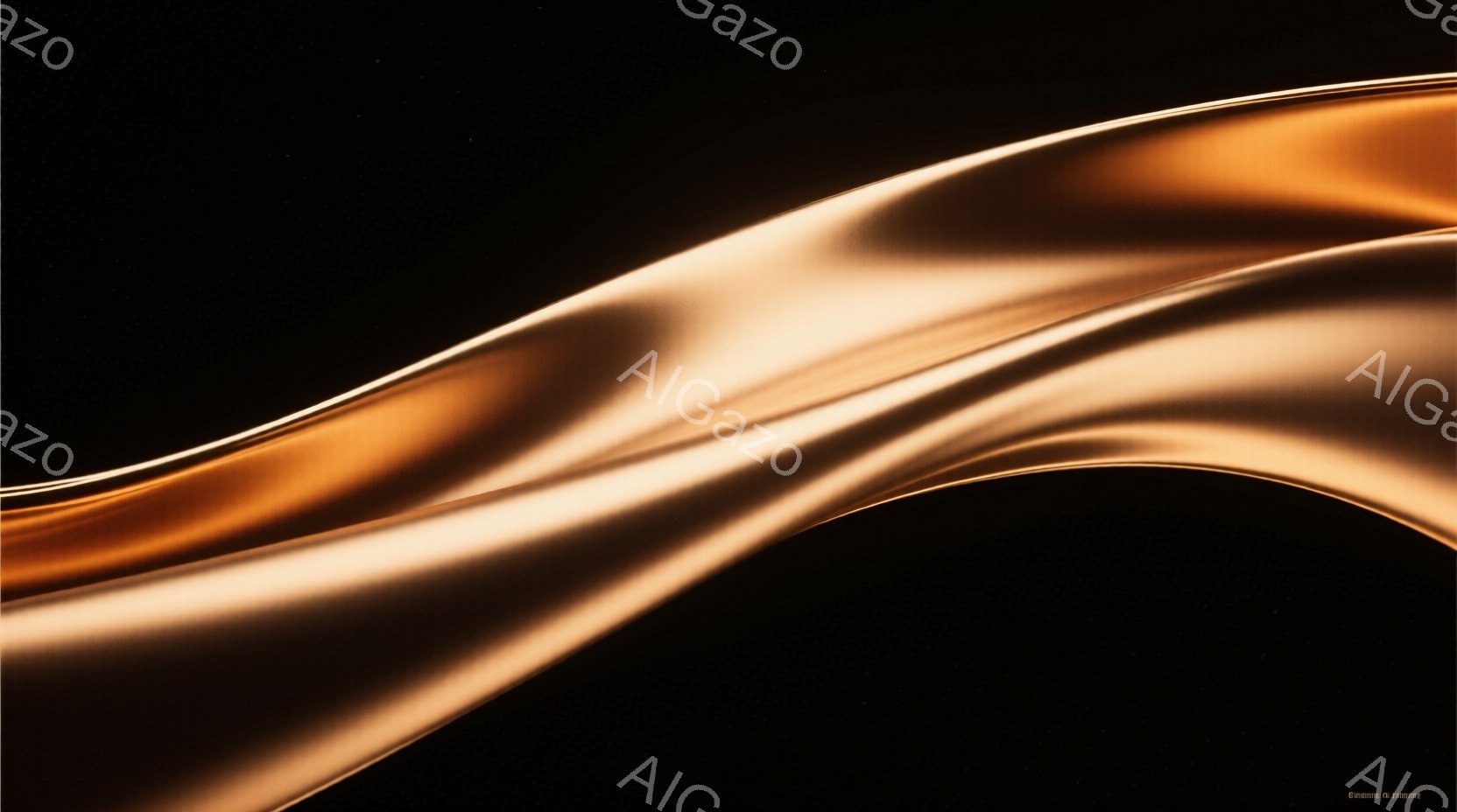 鮮やかなオレンジと茶色の光沢のあるリボン状の布が、暗い黒い背景に対して曲線を描いて流れています。布は滑らかで流動的な質感で、光の反射が強調されています。全体的に、神秘的で洗練された雰囲気を作り出しています。