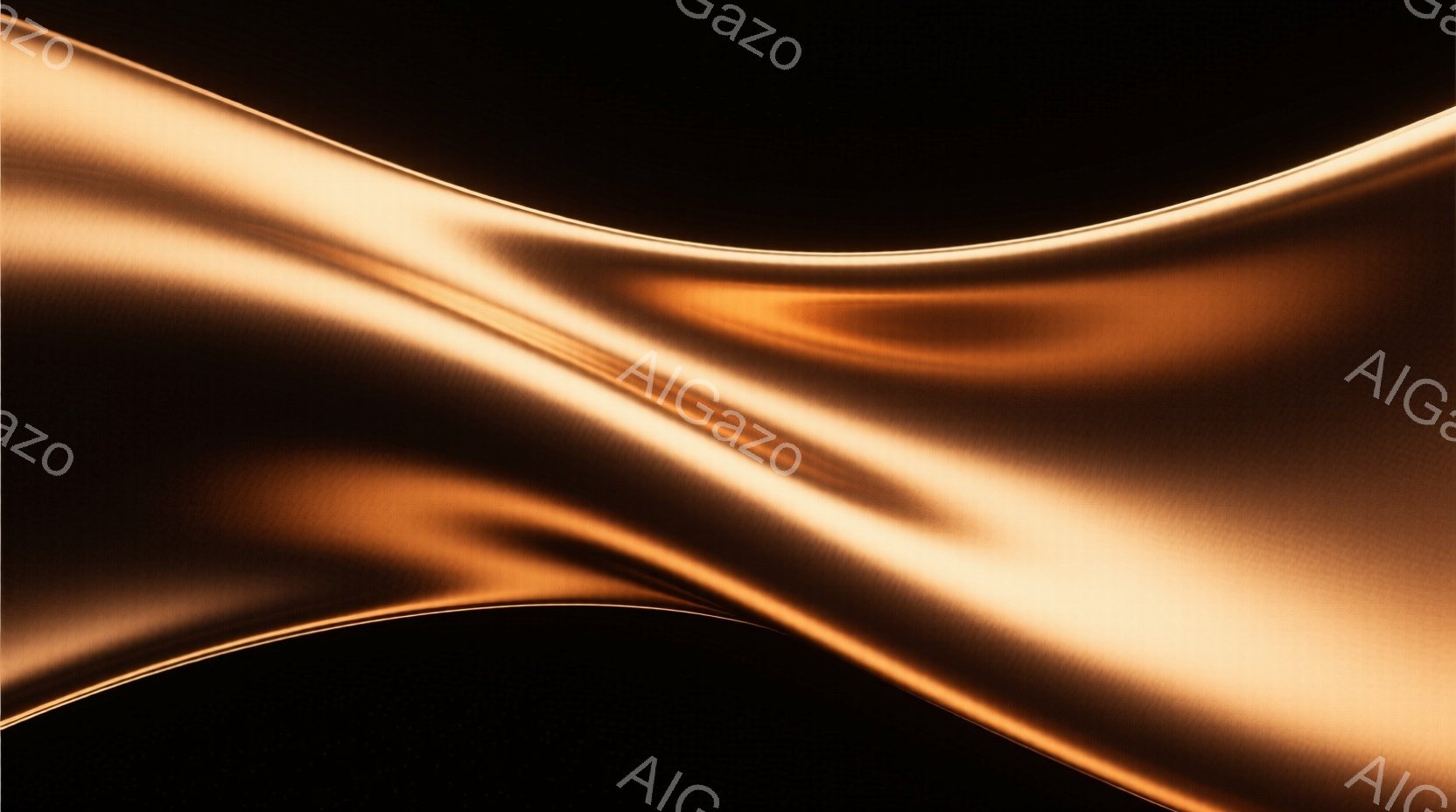 鮮やかなオレンジと茶色が混ざり合ったシルクのような布地が、画面を曲線的に波打ちながら広がっている。光沢のある質感は、まるで流動する金属のようで、その動きは優雅で神秘的だ。背景は完全な黒であり、布地の滑らかな曲線と光沢を際立たせ、独特な視覚的インパクトを与えている。