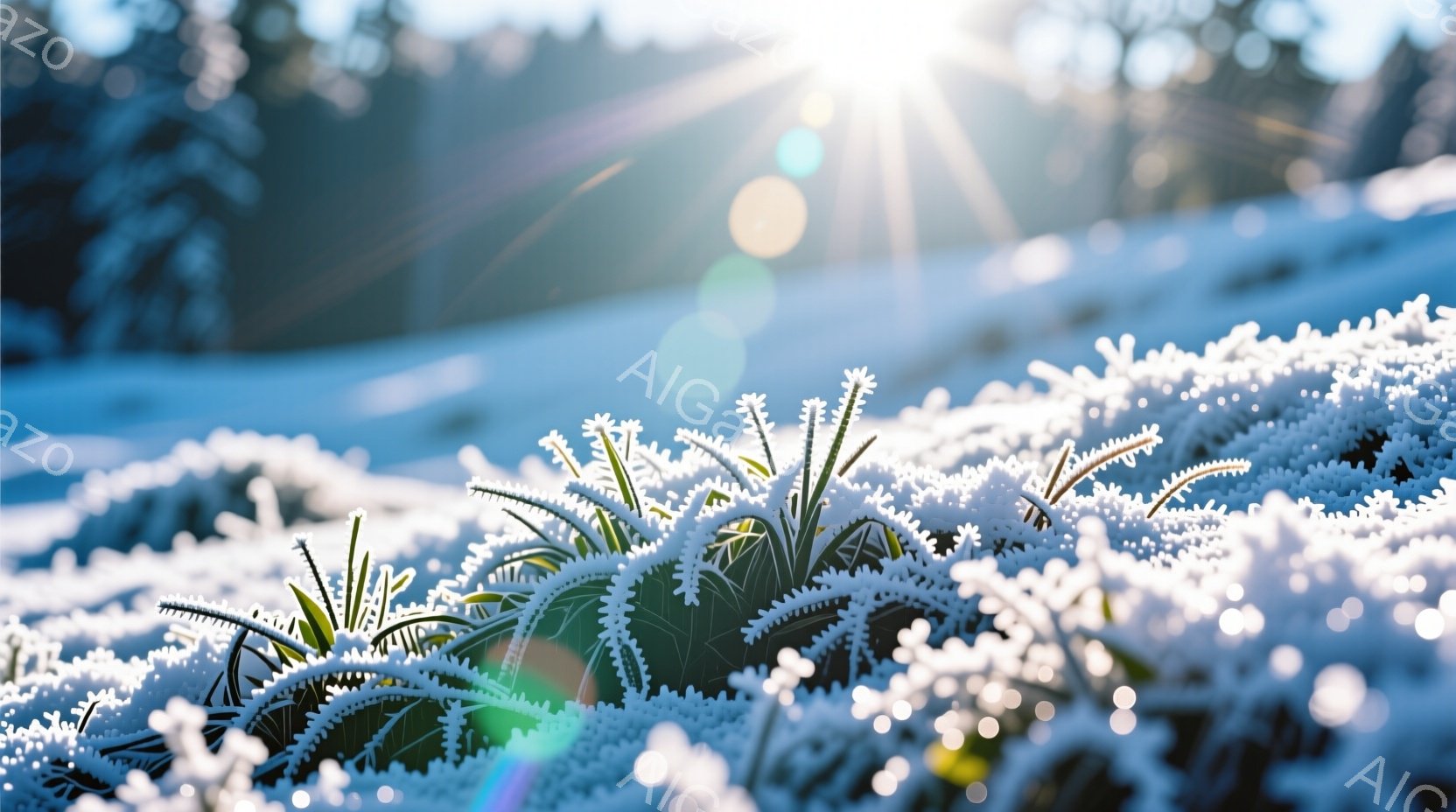 霜で覆われた草が広がる冬の風景で、繊細な氷の結晶が緑の草を美しく飾っています。背景にはぼやけた木々が見え、太陽の光が差し込み、キラキラと輝く光の筋が空に広がっています。全体的に、静かで幻想的な冬の日の雰囲気が漂い、自然の美しさが際立っています。