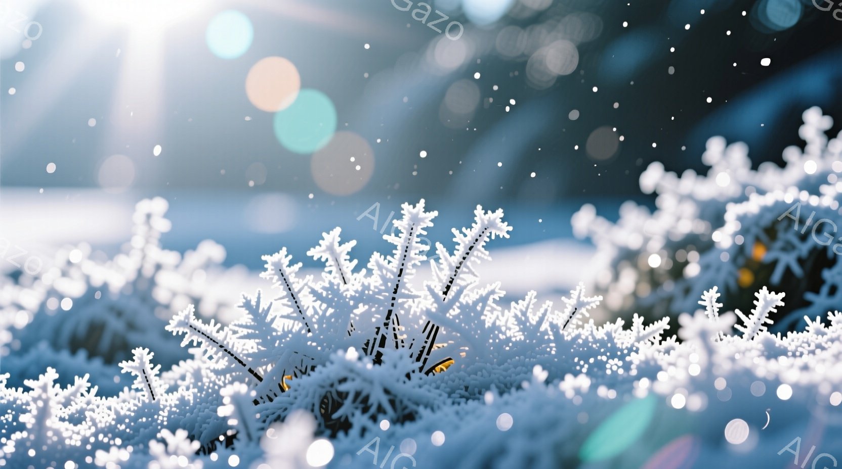 凍てつく冬の風景が広がっており、霜や氷の結晶が草木を覆い尽くしています。背景はぼやけており、雪が舞っている様子が伺え、全体的に幻想的で静謐な雰囲気が漂っています。光のフレアが加わり、冬の冷たさと美しさを際立たせています。