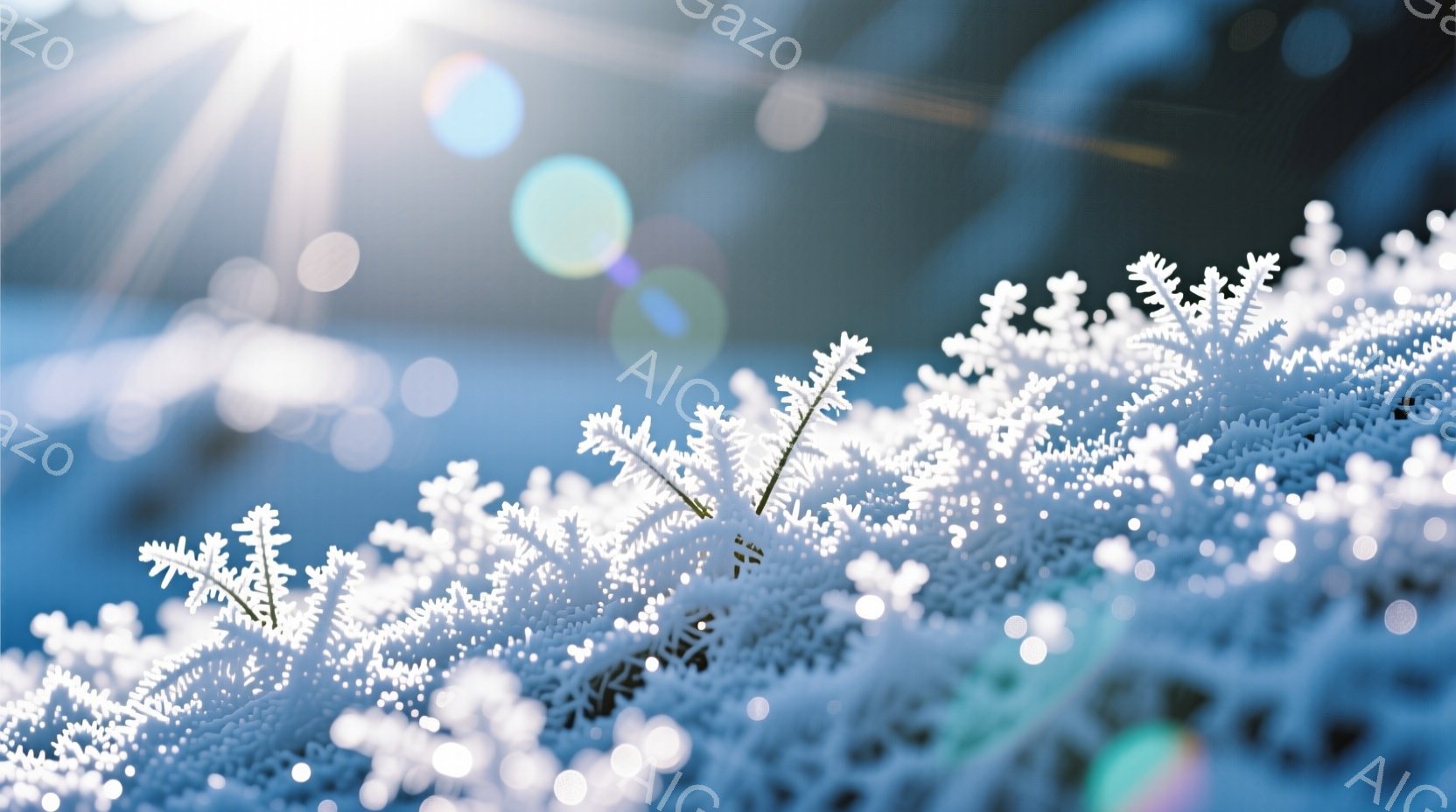 白い霜が密集した植物のクローズアップ写真です。背景はぼやけた青色で、光が差し込み、キラキラと輝いています。全体的に冷たく、冬の静寂な雰囲気が漂っています。