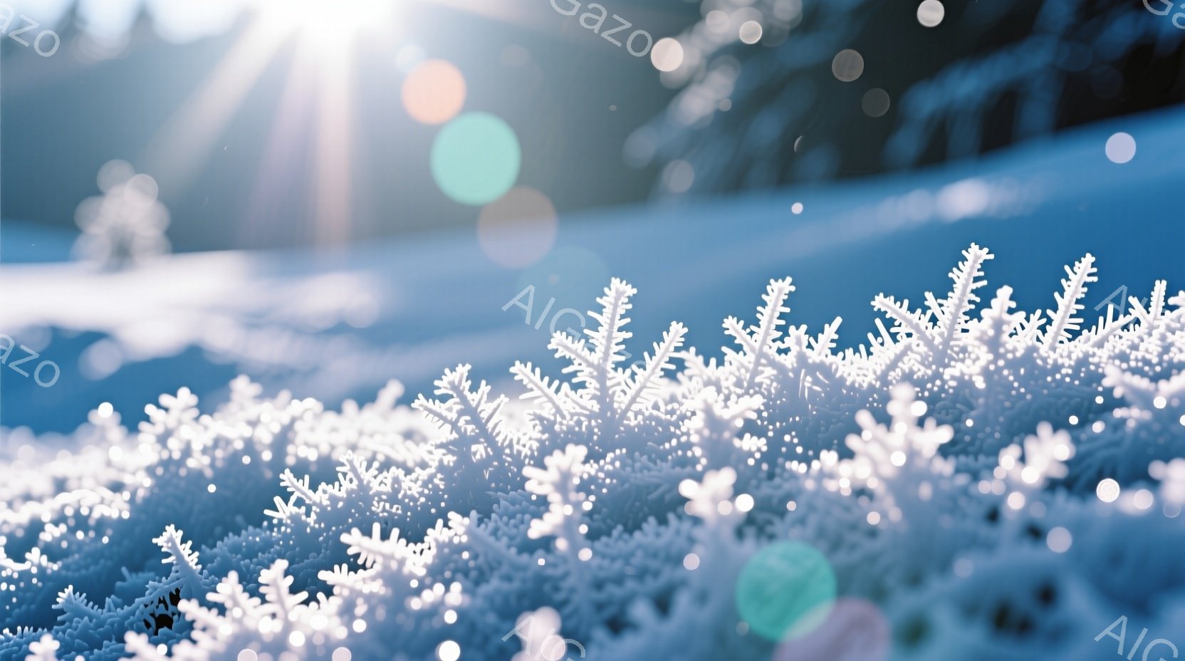雪に覆われた低木が写っている。太陽の光が雪に反射し、キラキラと輝き、背景はぼやけた青色のグラデーションで、冬の静寂と冷たさを感じさせる。光のフレアが幻想的な雰囲気を高めている。