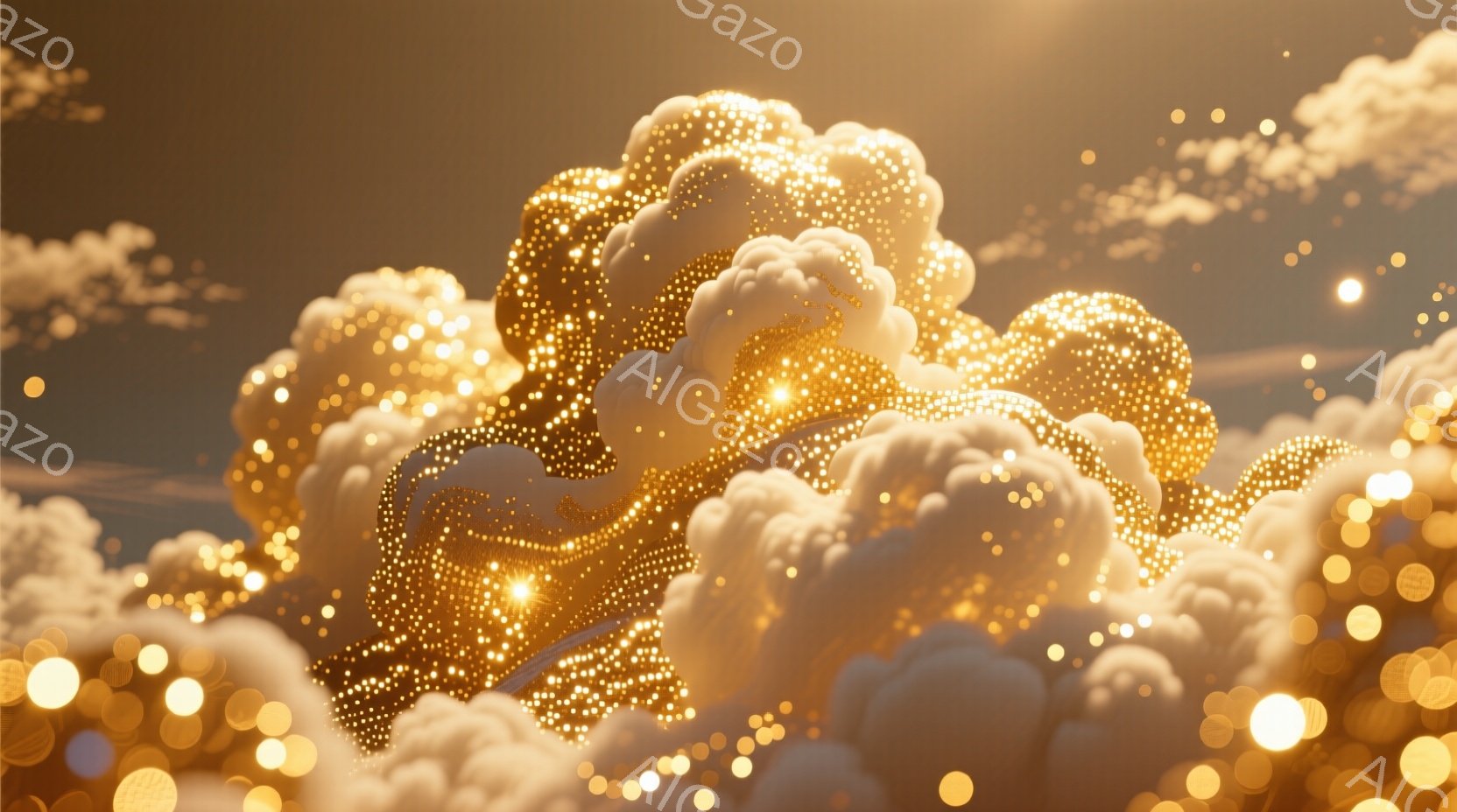 黄金色のきらめきが渦巻く雲のような物体が画面を覆い尽くしている。無数の光点が集まり、まるで星雲や天体のようであり、背景は淡い黄金色で霞んでいる。全体的に夢幻的で幻想的な雰囲気を醸し出しており、暖かく優雅な印象を受ける。