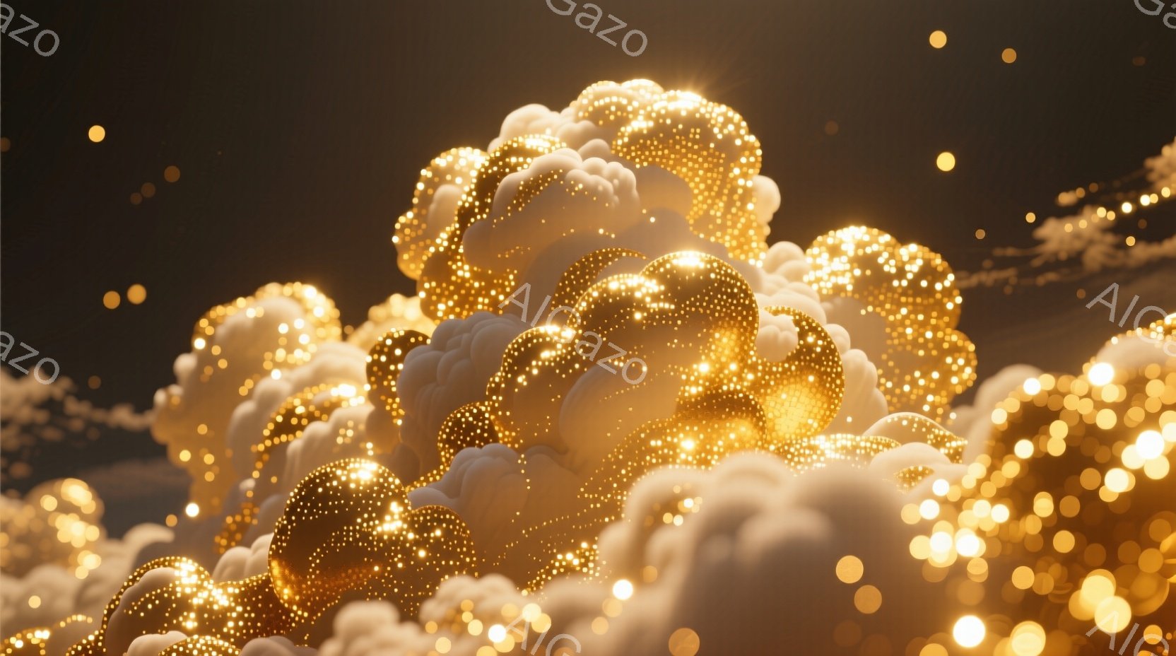 金色のきらめく粒子で構成された雲のような形が、画面全体を覆い尽くしている。粒子は密集し、まるで光り輝く霧のような印象を与え、暖かく幻想的な雰囲気を醸し出している。背景は暗く、光の粒子が際立つことで、神秘的で夢幻的な空間を作り出している。