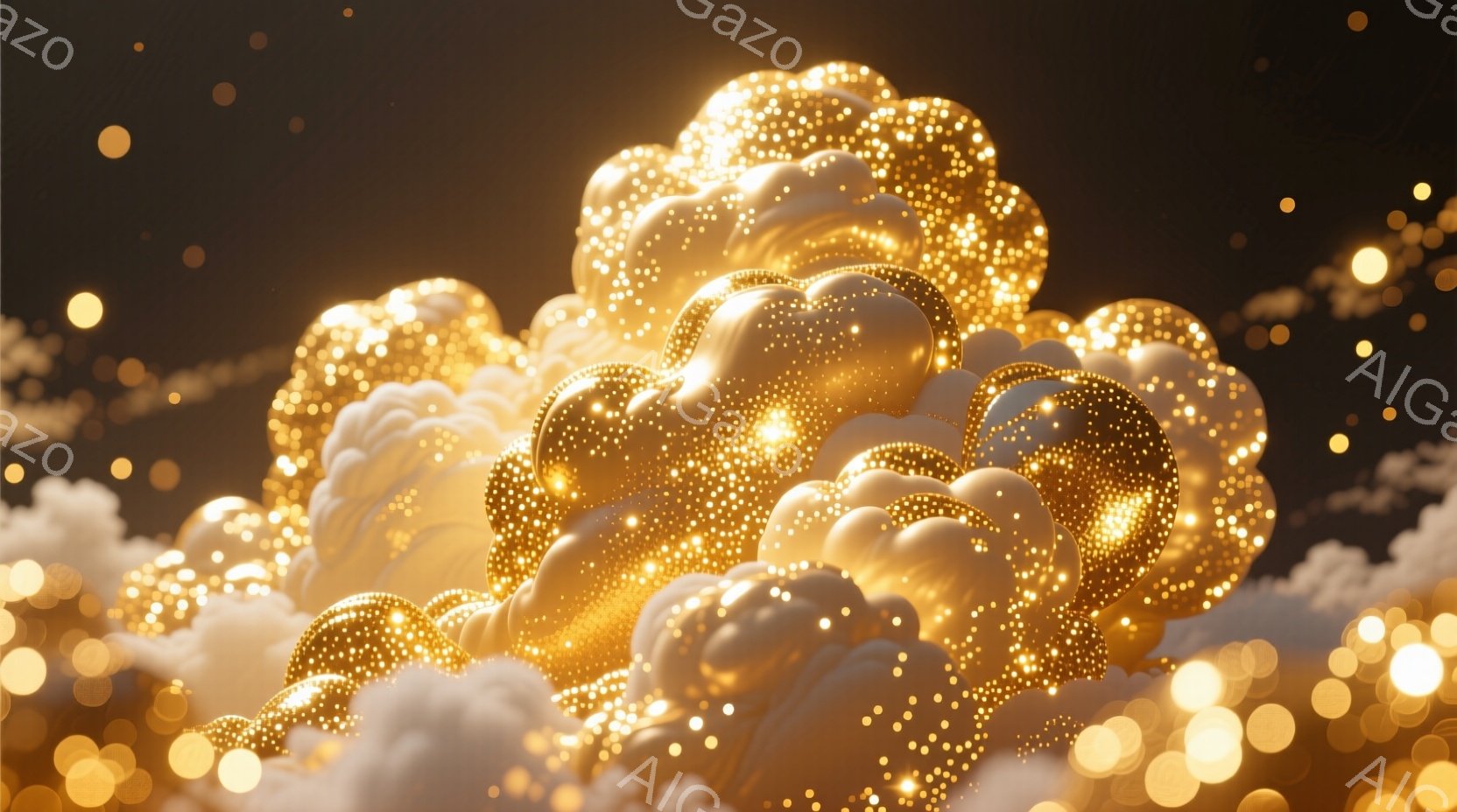 黄金色の輝く粒子が集まって雲のような形を作っており、幻想的な雰囲気を醸し出しています。粒子は光を反射し、キラキラと輝き、暗い背景とのコントラストでより一層際立っています。全体として、優雅で神秘的な印象 - AI生成フリー素材