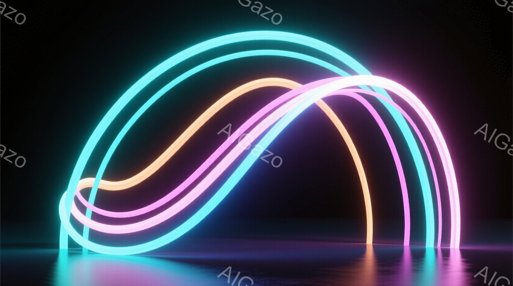 鮮やかなネオンライトが、黒い背景に曲線を描いて浮かび上がっています。オレンジ、ピンク、水色の光が重ね合わさり、滑らかで未来的な印象を与えます。光は反射面の上に設置されており、その反射が光の存在感をさらに強調しています。