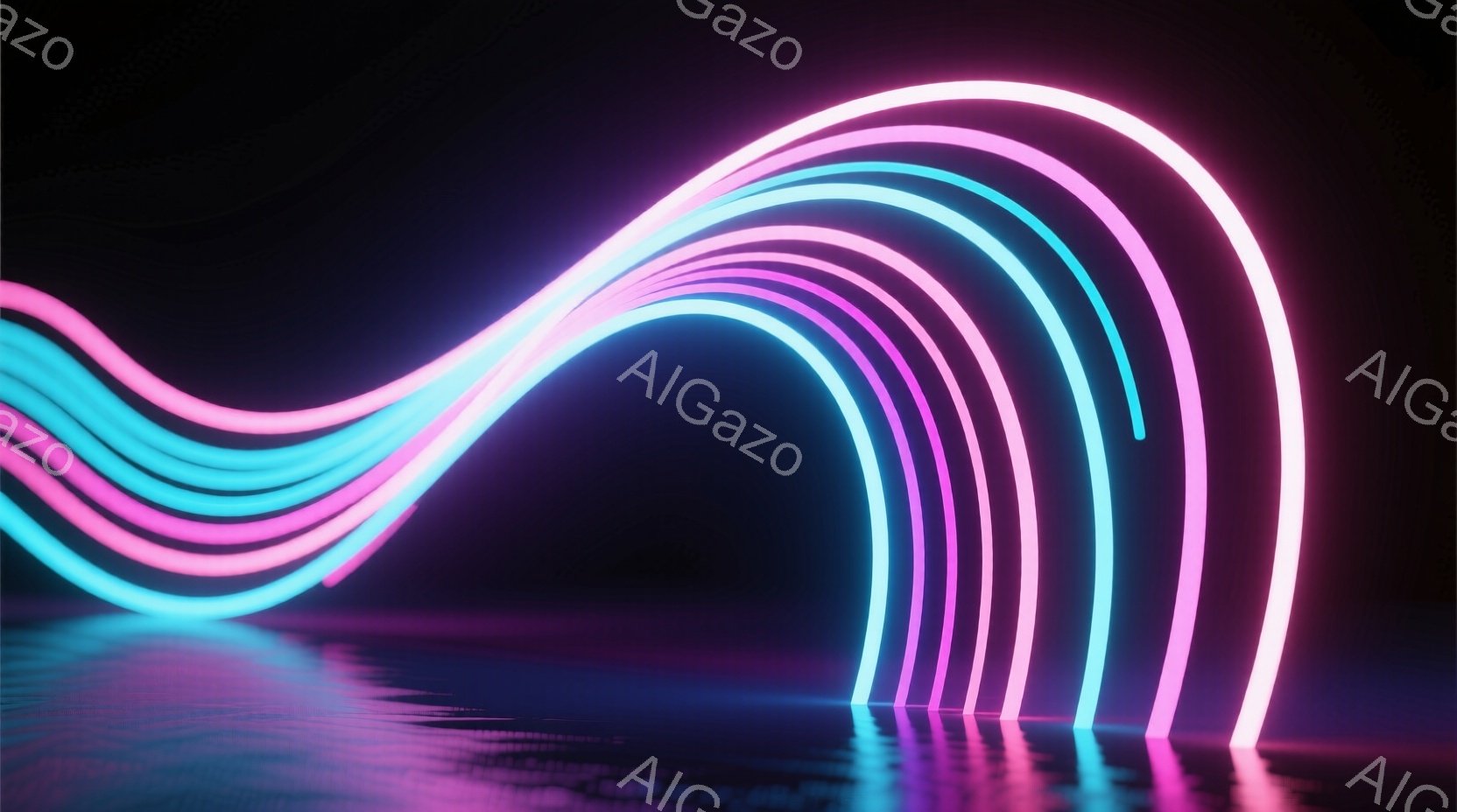 鮮やかなネオンピンクとターコイズブルーの光の帯が、床に映るその反射と共に、アーチ状に並んでいます。光は滑らかで未来的な印象を与え、暗い背景と相まって、夢幻的でサイバーパンク的な雰囲気を醸し出しています。床の反射は光のラインを強調し、奥行きと視覚的な魅力を高めています。