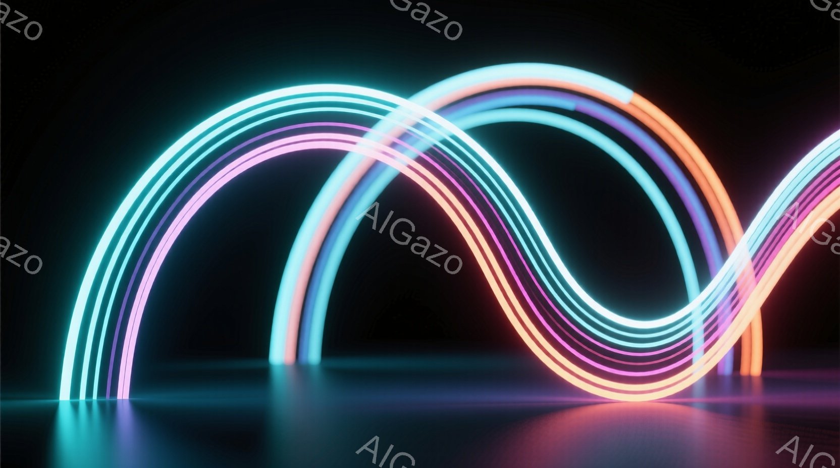 鮮やかなネオンカラーの光の線が、暗い背景の中で曲線を描いて交差している。光の線はピンク、紫、水色、オレンジ色など、多色で構成されており、まるで未来的なエネルギーの流れを表現しているかのようだ。光が反射する滑らかな表面が、全体的に洗練された、幾何学的な雰囲気を醸し出している。