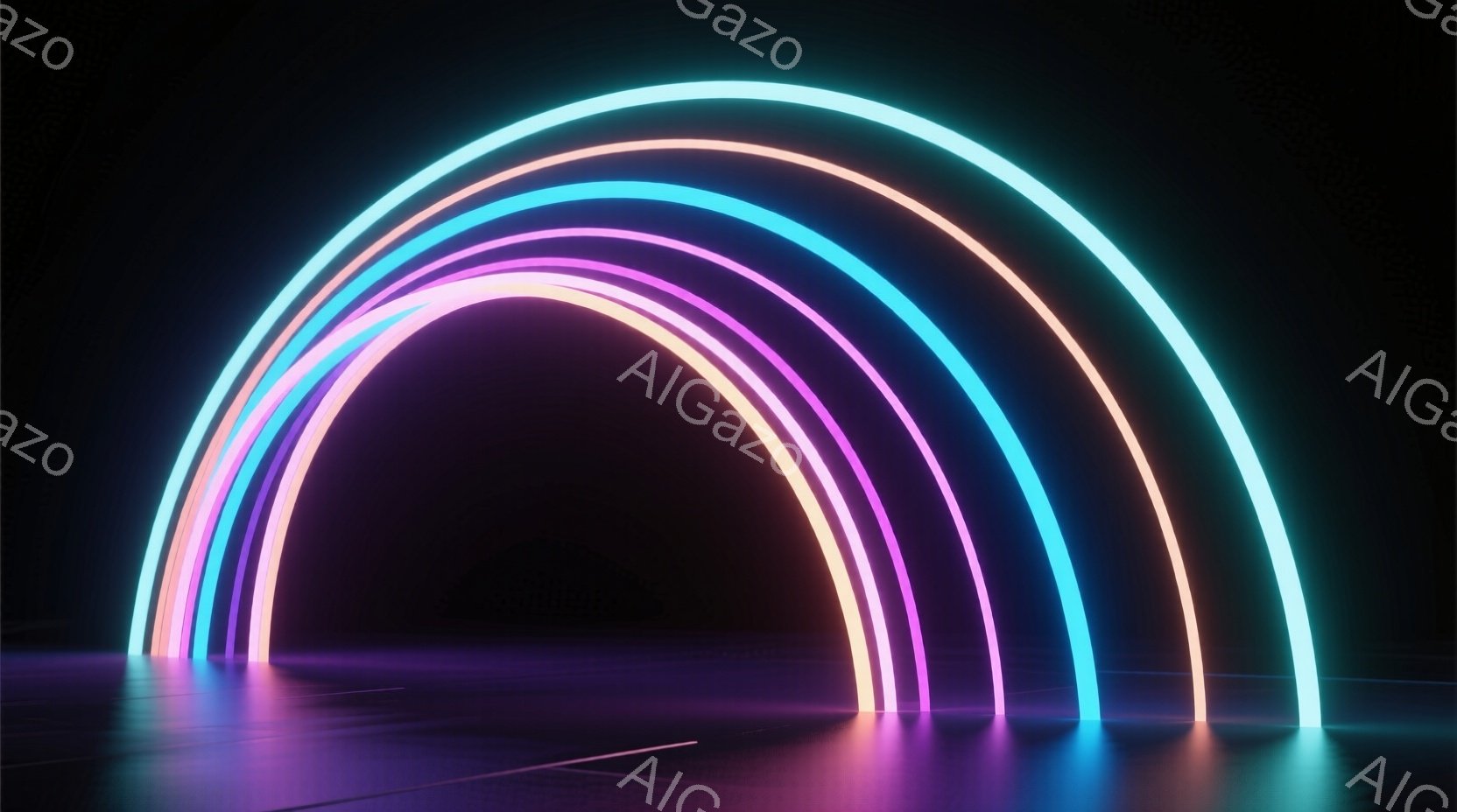 漆黒の背景に、鮮やかなネオンカラーの光のアーチが複数並んでいます。ピンク、紫、青といった色がグラデーション状に並び、未来的な雰囲気を醸し出しています。床面は光を反射し、滑らかで神秘的な空間を作り出しています。