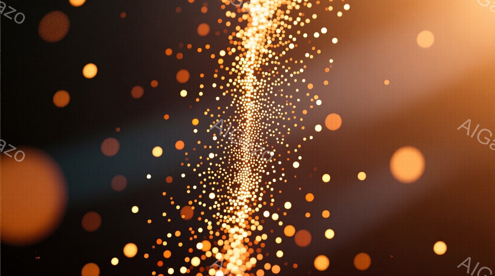 鮮やかなオレンジと金色の光の粒子が暗い背景に散りばめられています。中央には、光の粒子が縦に長く伸びた帯状のパターンを形成しており、まるで流れ星や光の柱のように見えます。全体的に暖かく幻想的な雰囲気で、星空や光のショーを連想させます。