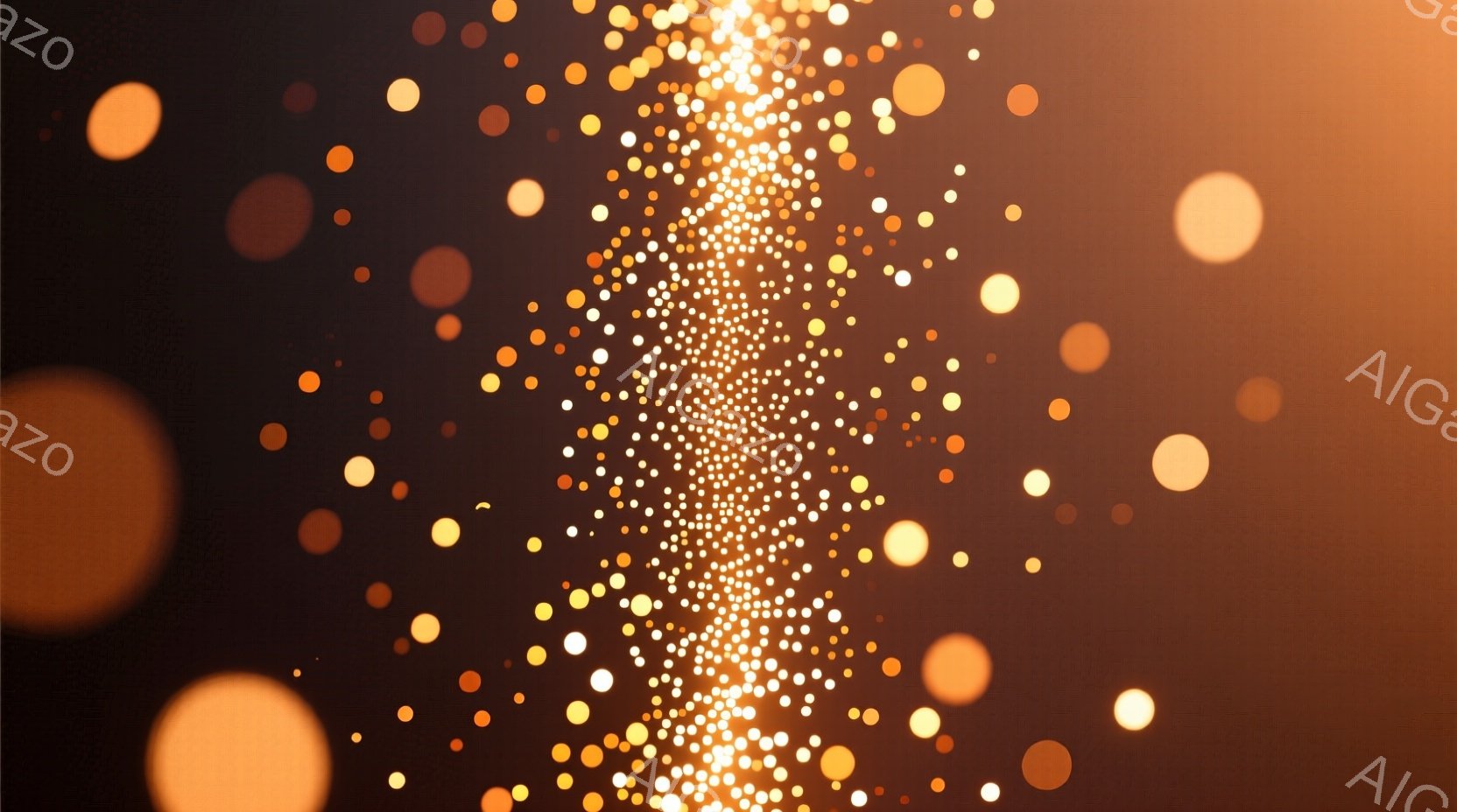 暗い背景に、様々な大きさのオレンジと黄色の光の粒子が散りばめられています。中央には、特に密集した光の帯があり、まるで光の柱が立っているかのように見えます。全体的に、暖かく幻想的な雰囲気で、星空やきらめく塵を連想させます。