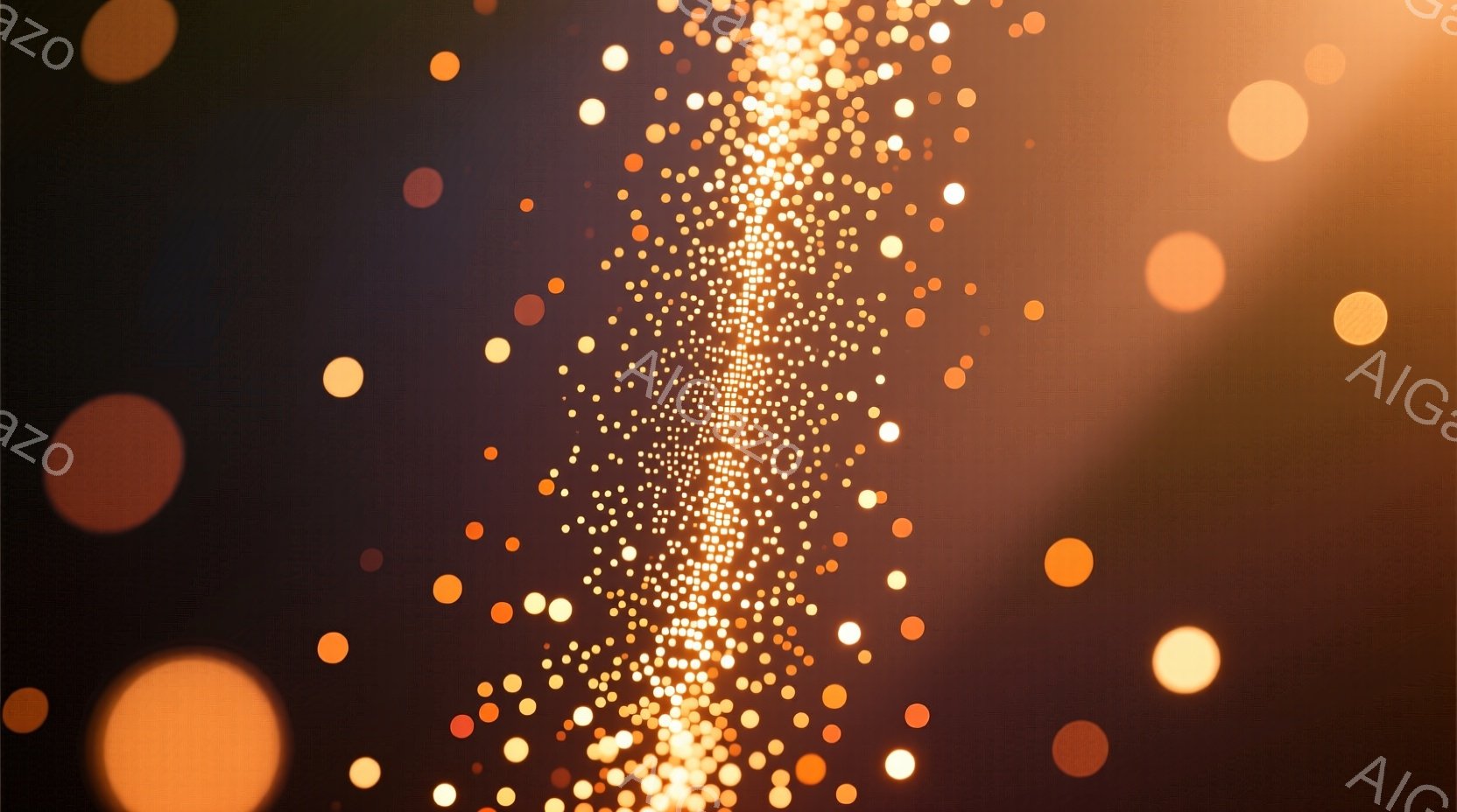 漆黒の背景に、大小さまざまなオレンジと黄色のぼやけた光の球体が浮かび上がっている。中心には、きらめく粒子が密集して縦長の帯状に並び、まるで光の滝のような印象を与える。全体的に暖かく幻想的な雰囲気で、奥 - AI生成フリー素材
