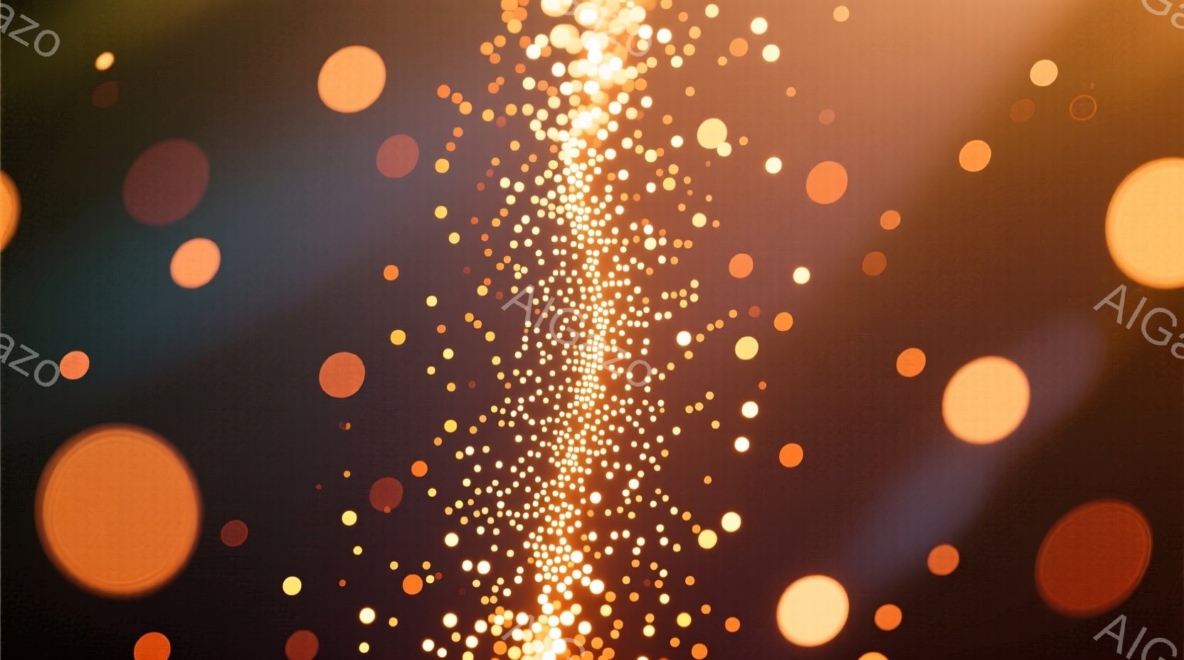 この画像は、ぼやけたオレンジと黄色の光の球体と粒子が抽象的に配置された背景です。中心には明るい粒子が縦に並び、まるで光の柱のように見えます。全体的に暖色系の色合いで、夢幻的で幻想的な雰囲気を醸し出しています。