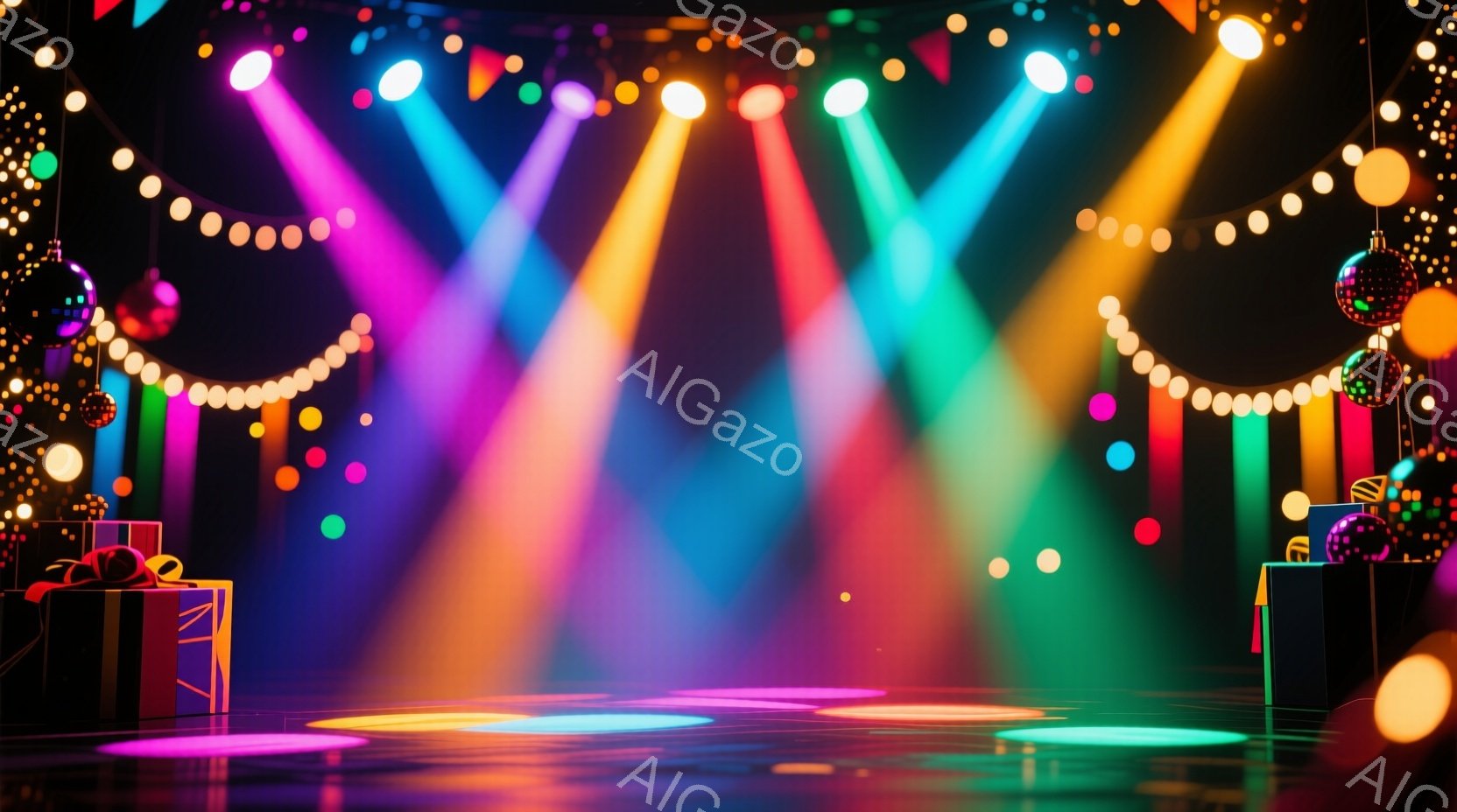 鮮やかな色のスポットライトが暗いステージを照らし、ディスコボールが光を反射してキラキラとした雰囲気を醸し出しています。プレゼントボックスがステージの左右に配置され、イベントやパーティーを連想させる華やかな背景です。全体的に、エネルギッシュで楽しげな空間が演出されています。